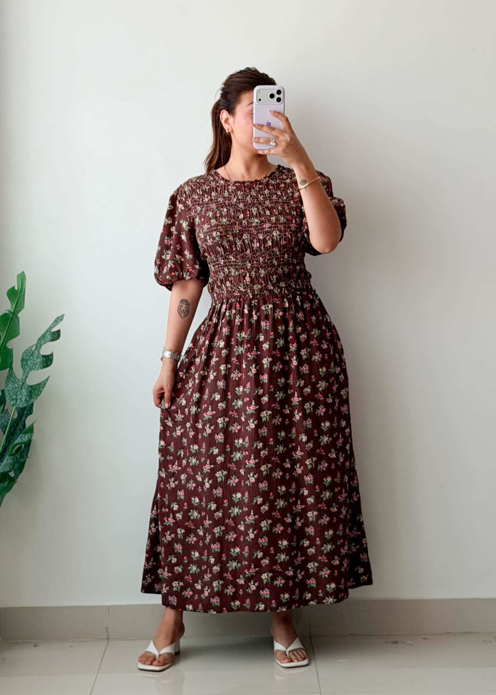 Size S-M & L-XL Brown Floral Smocked Maxi Dress With pockets