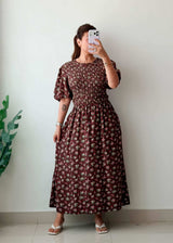 Size S-M & L-XL Brown Floral Smocked Maxi Dress With pockets