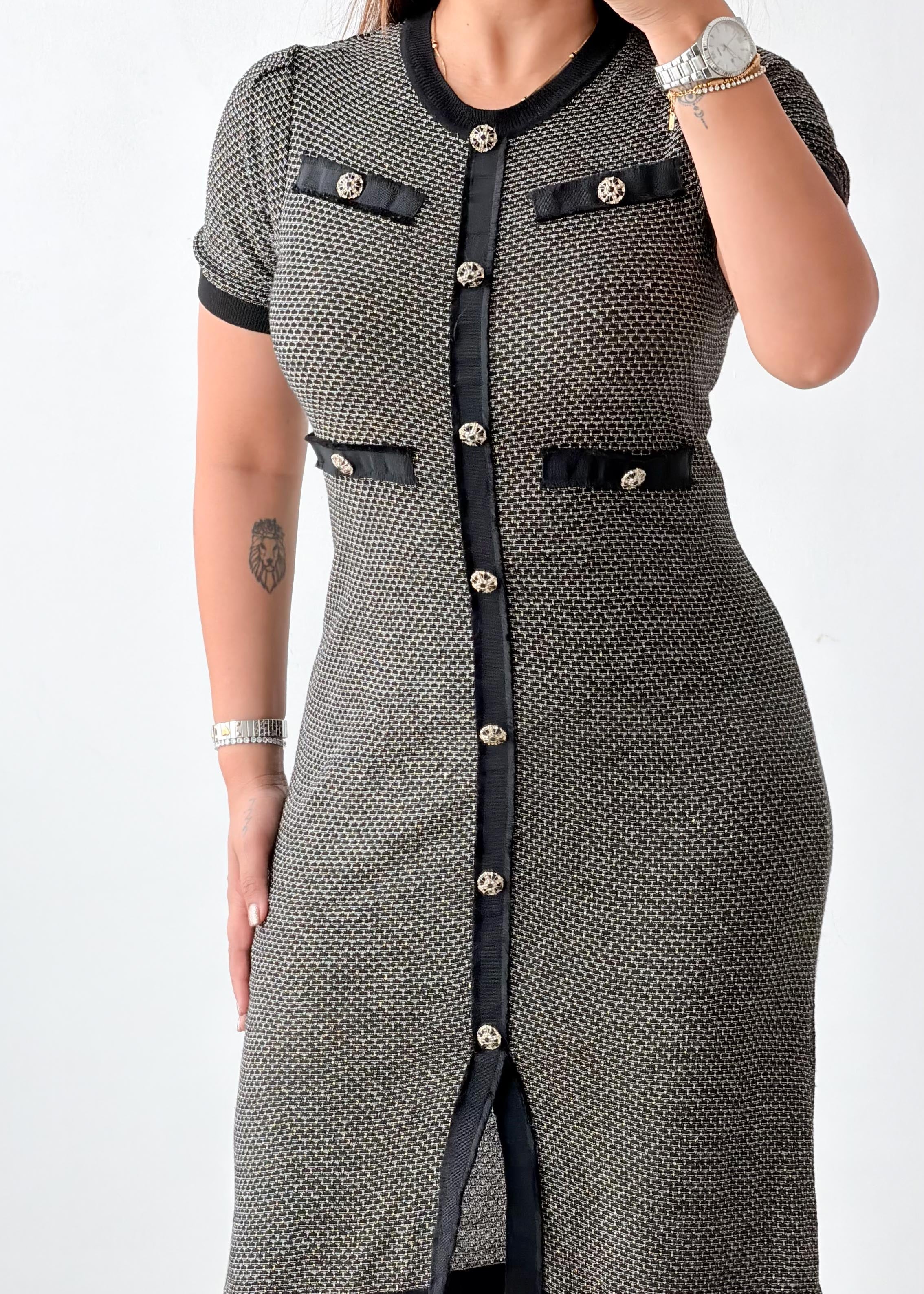 Size L-XL Grey & Black Contrast Knit Midi Dress