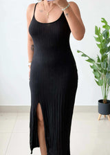 Size M-L, Black Spaghetti Strap Ribbed Midi Dress - Closet by Payal