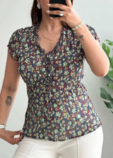 Size S-M, Y2K Floral Tie-Up Blouse with Ruffle Neckline - Closet by Payal