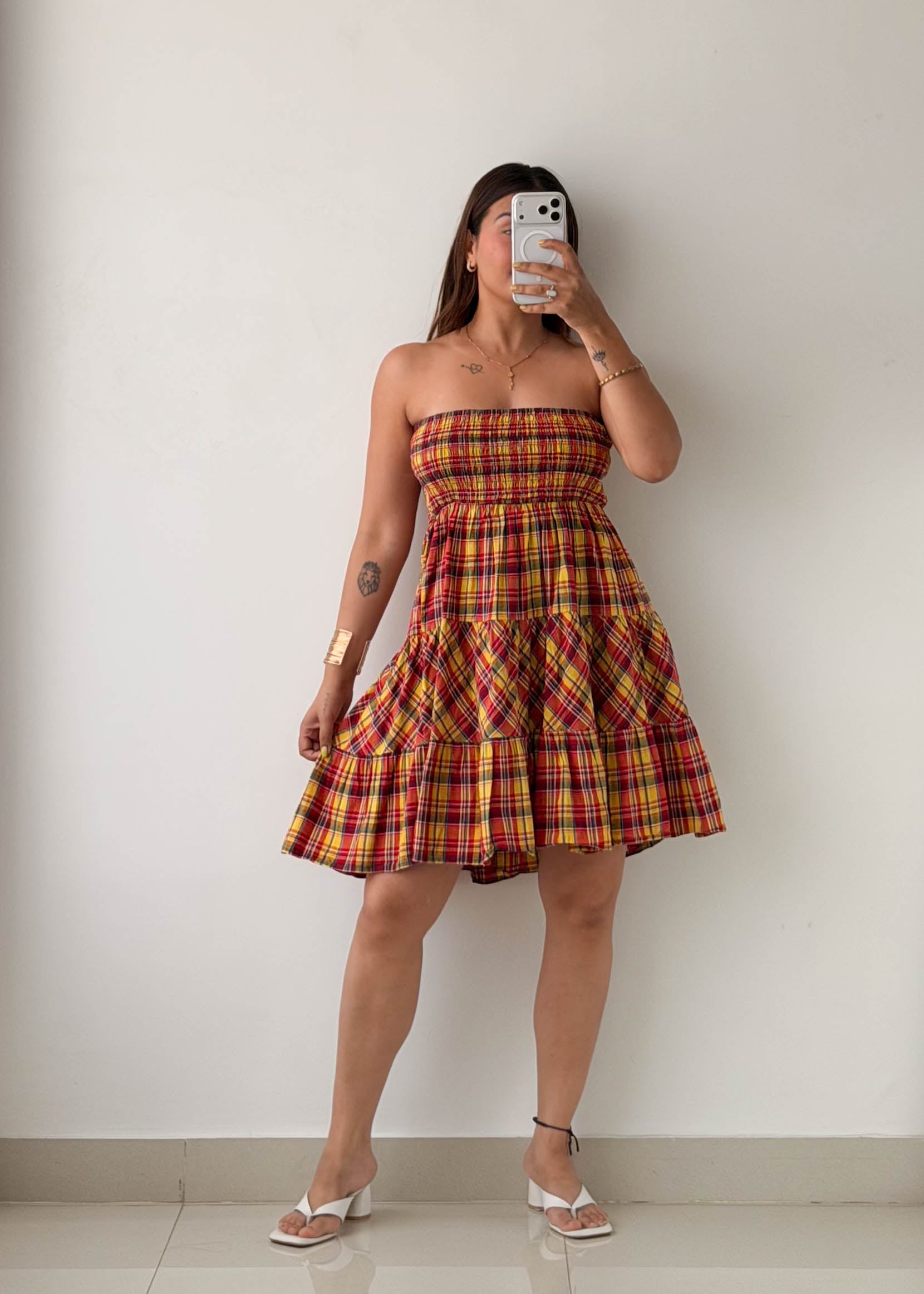 Size M-L Multicolor Plaid Smocked Mini Dress