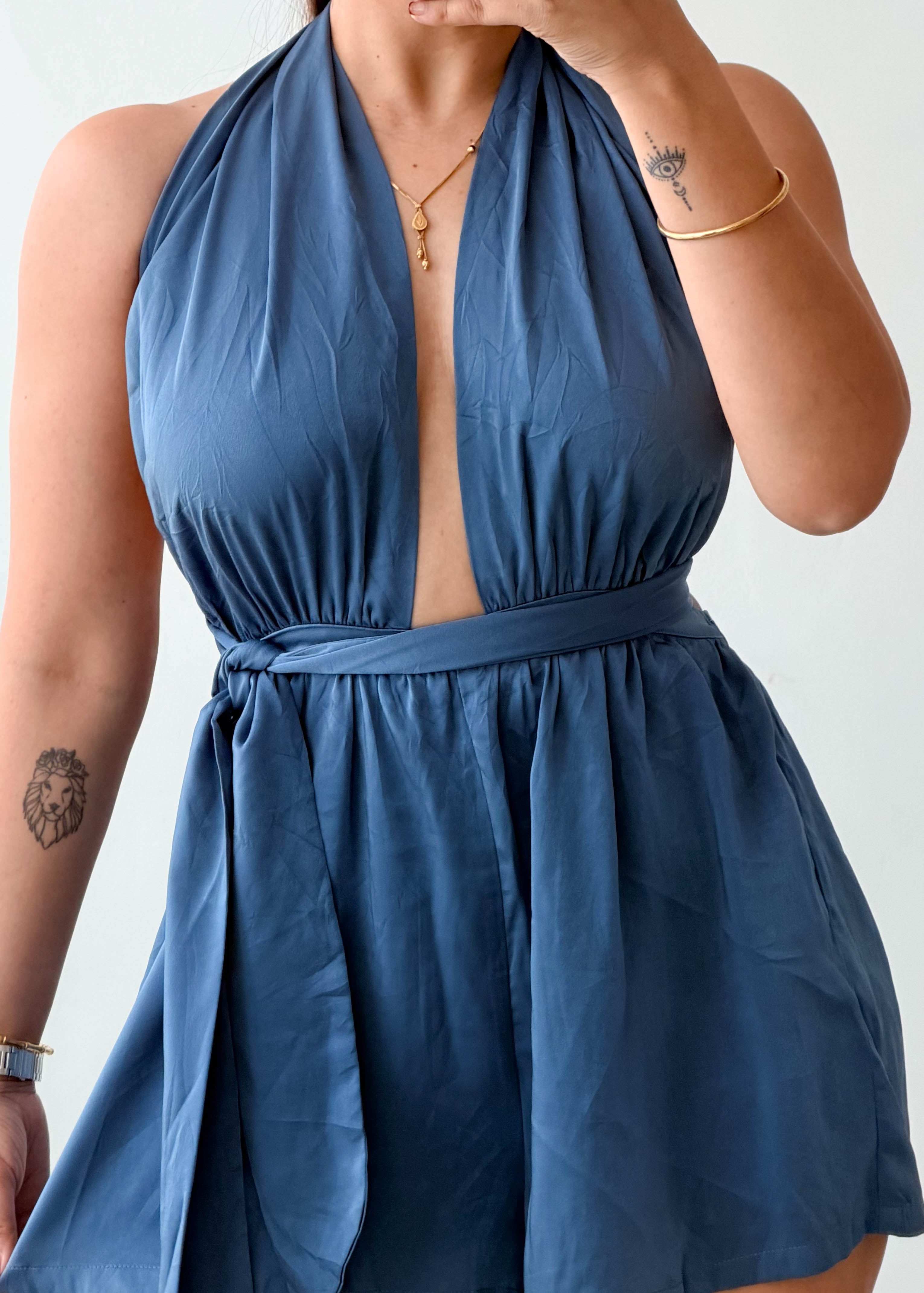 Size XS-S Blue Halter Neck Romper Dress