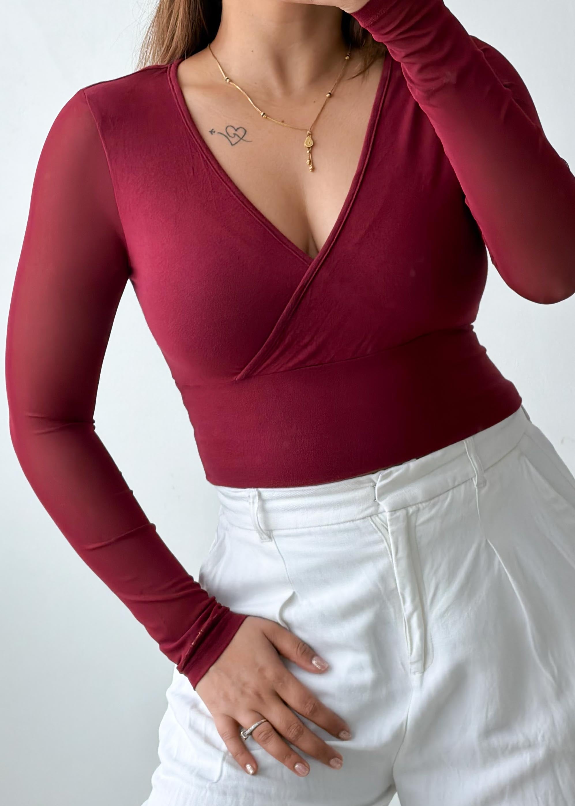 Size XS-S Wine Wrap Long Sleeve Top