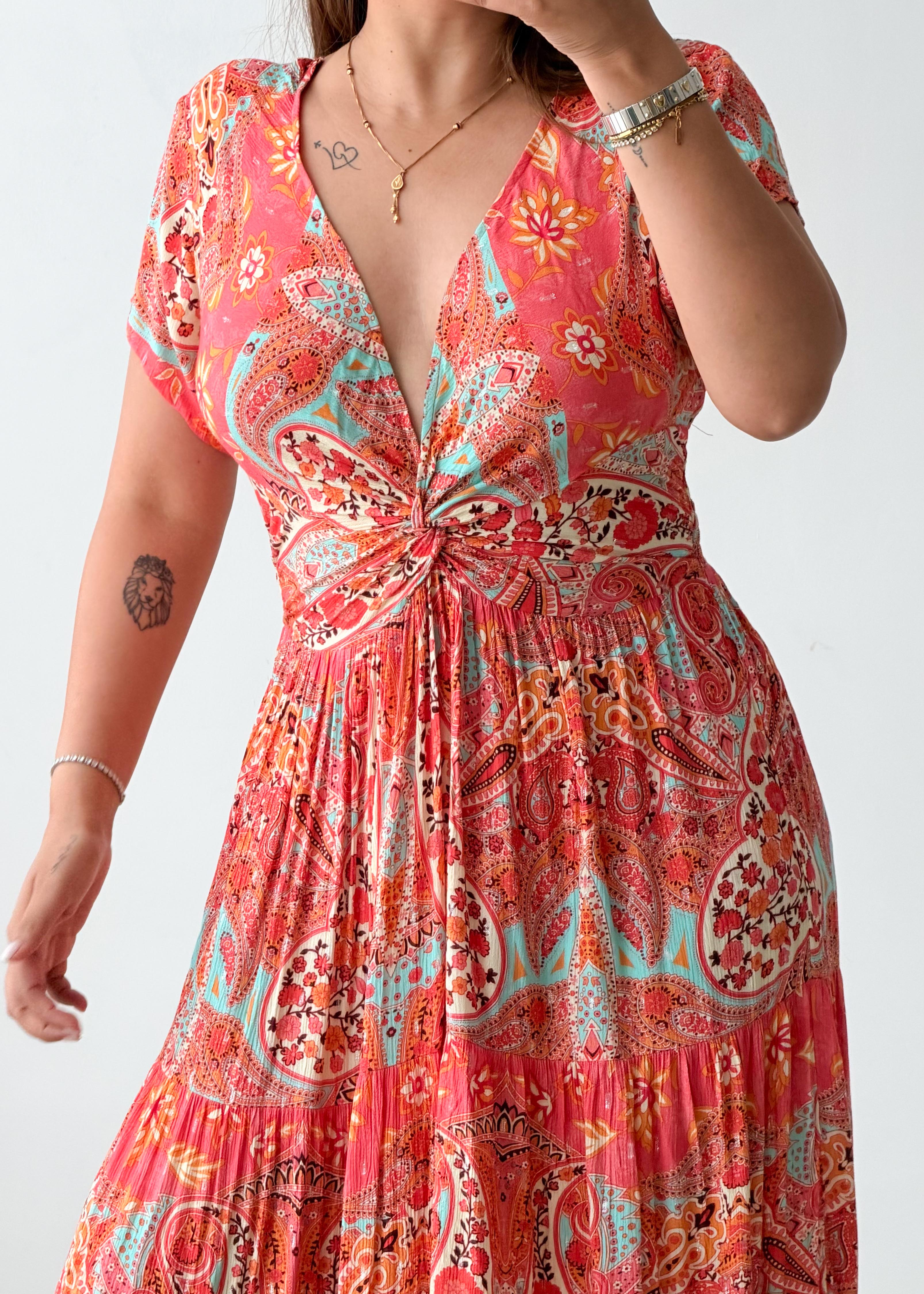 Size XS-S Coral Paisley Print Maxi Dress