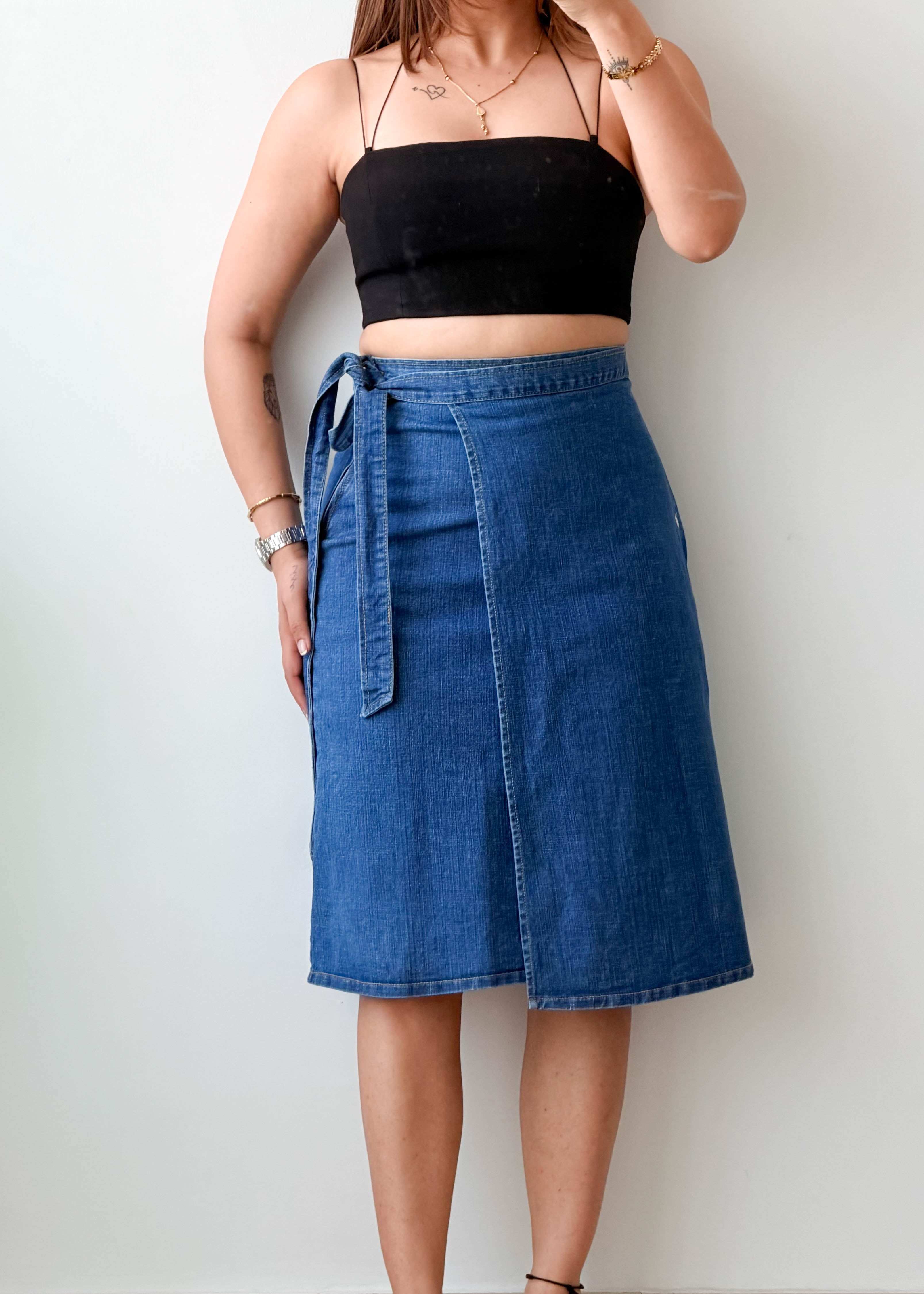 Waist 27-28 Blue Denim Wrap Midi Skirt