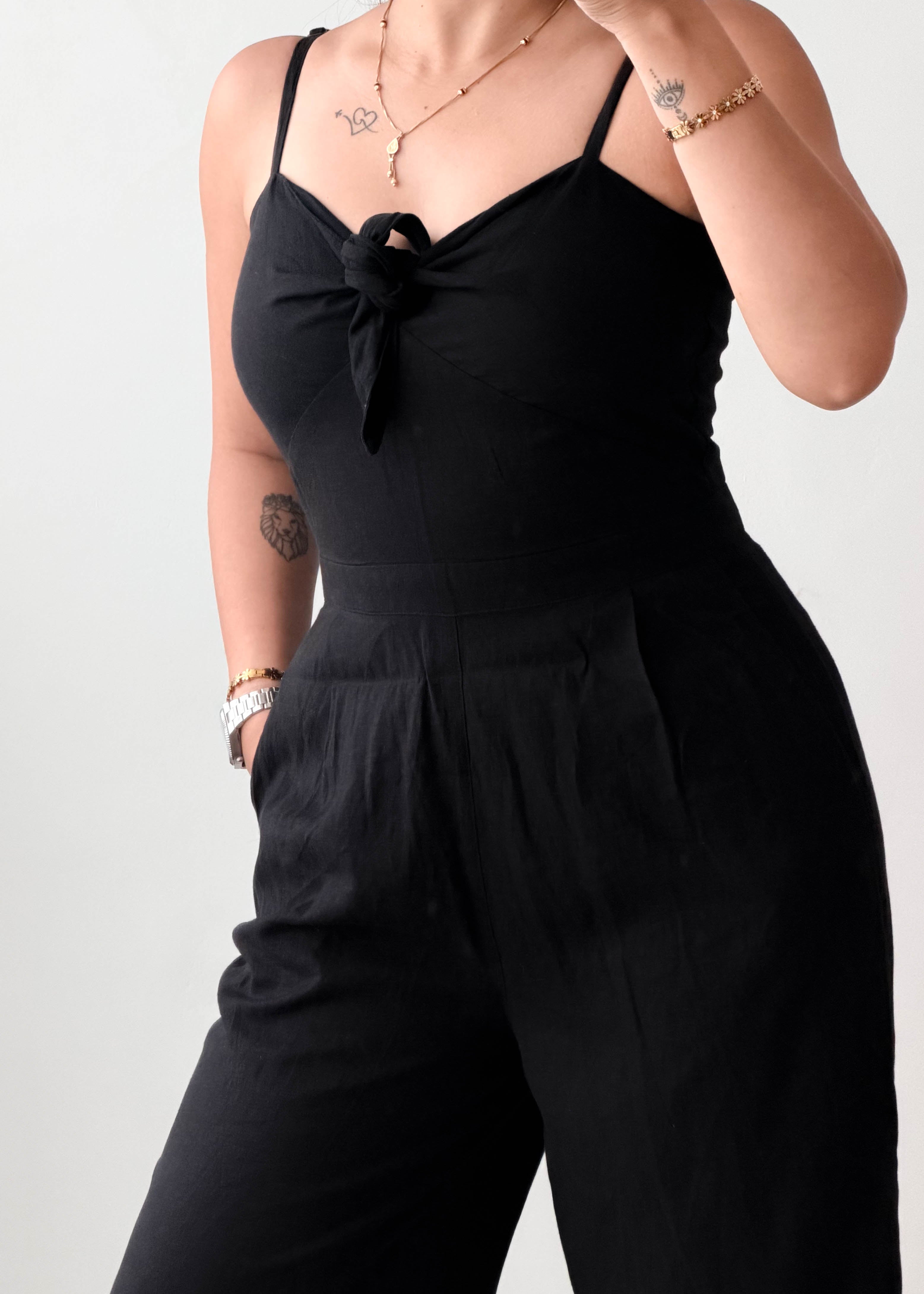 Size XS-S Black Tie Front Wide Leg Jumpsuit