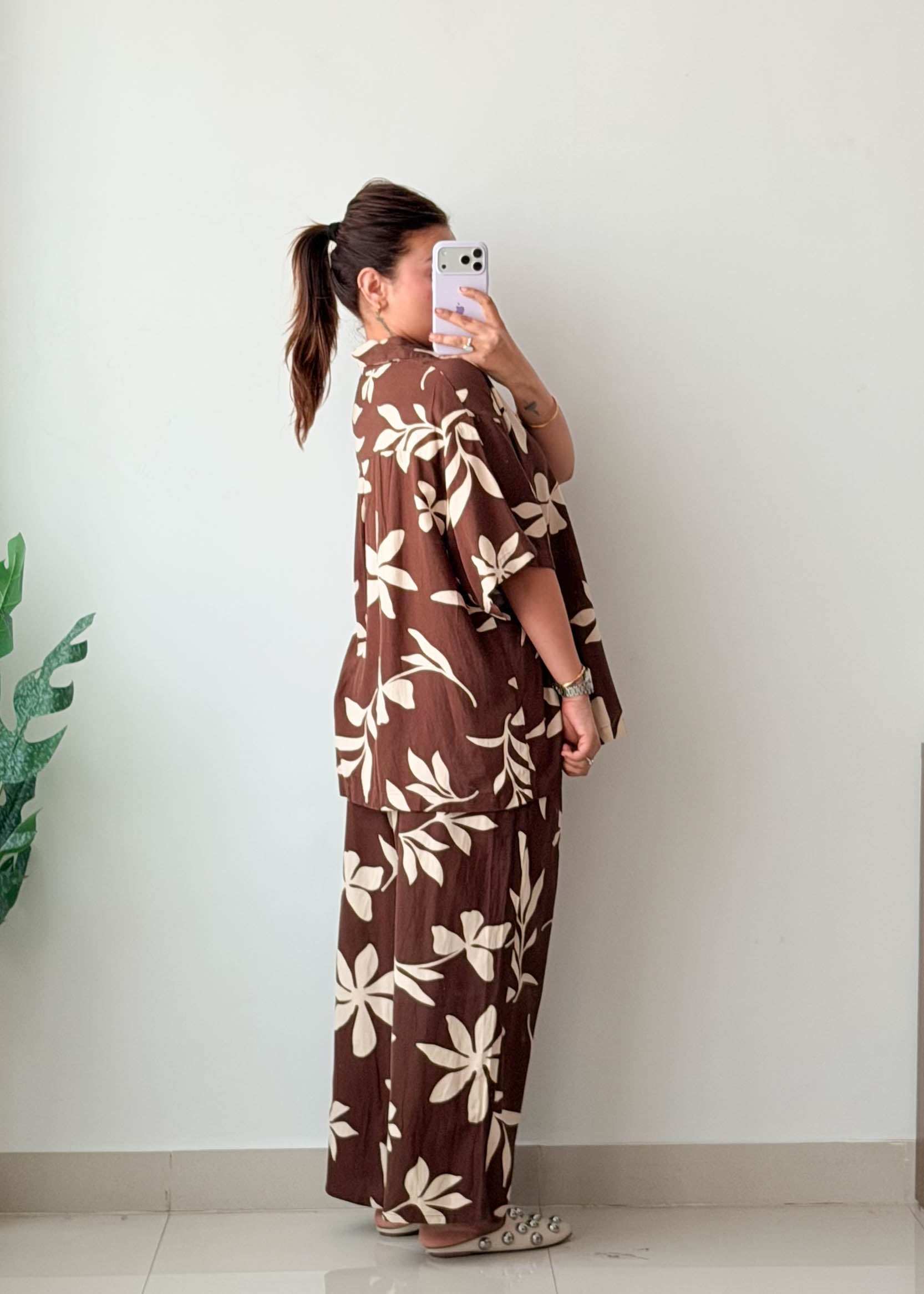 Size L-XL Brown Tropical Co-ord Set