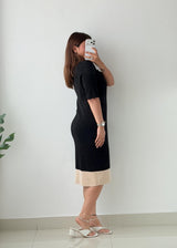 Size M-L Black Contrast Trim Knit Midi Dress