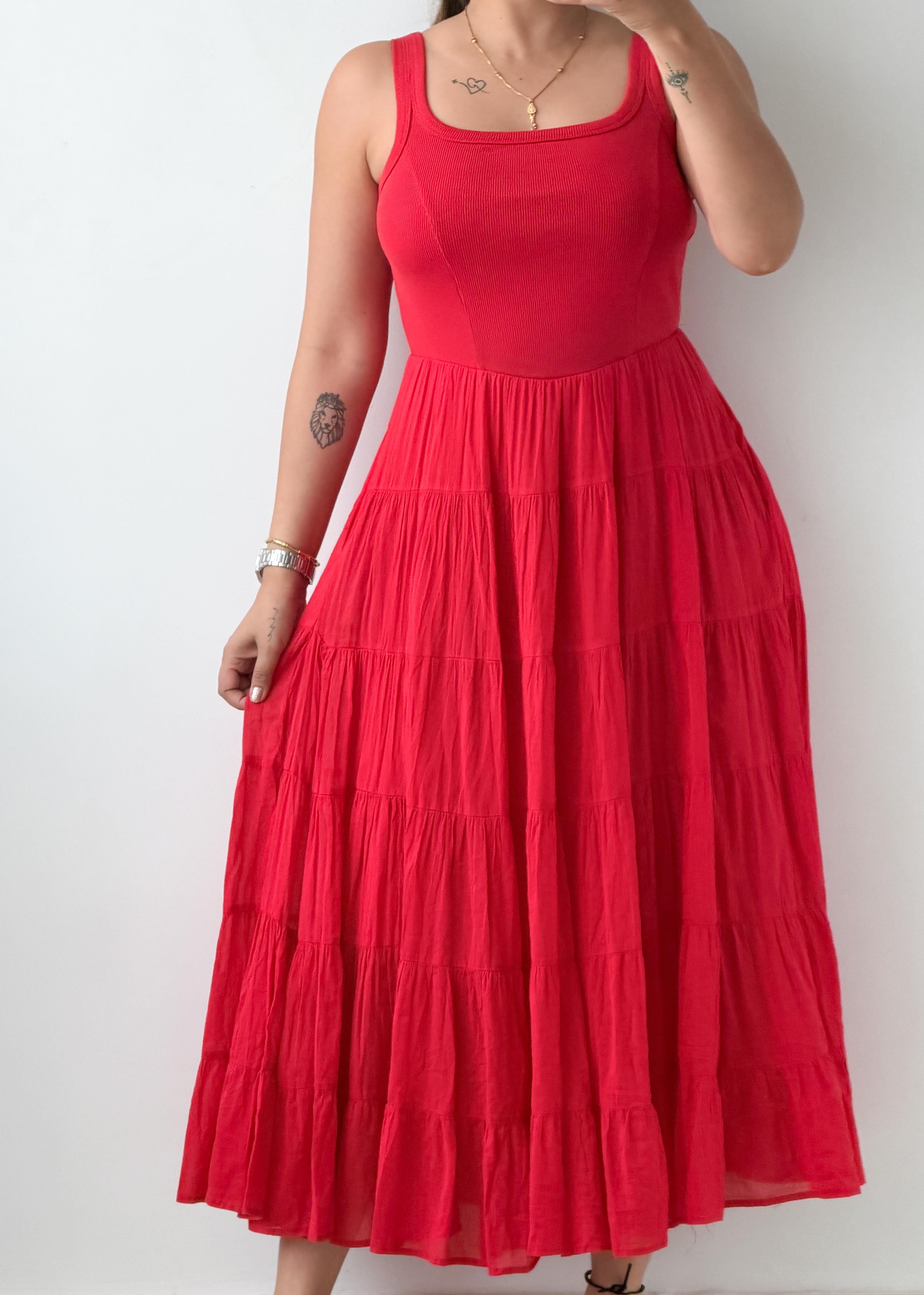 Size M-L Red Tiered Cotton Maxi Dress