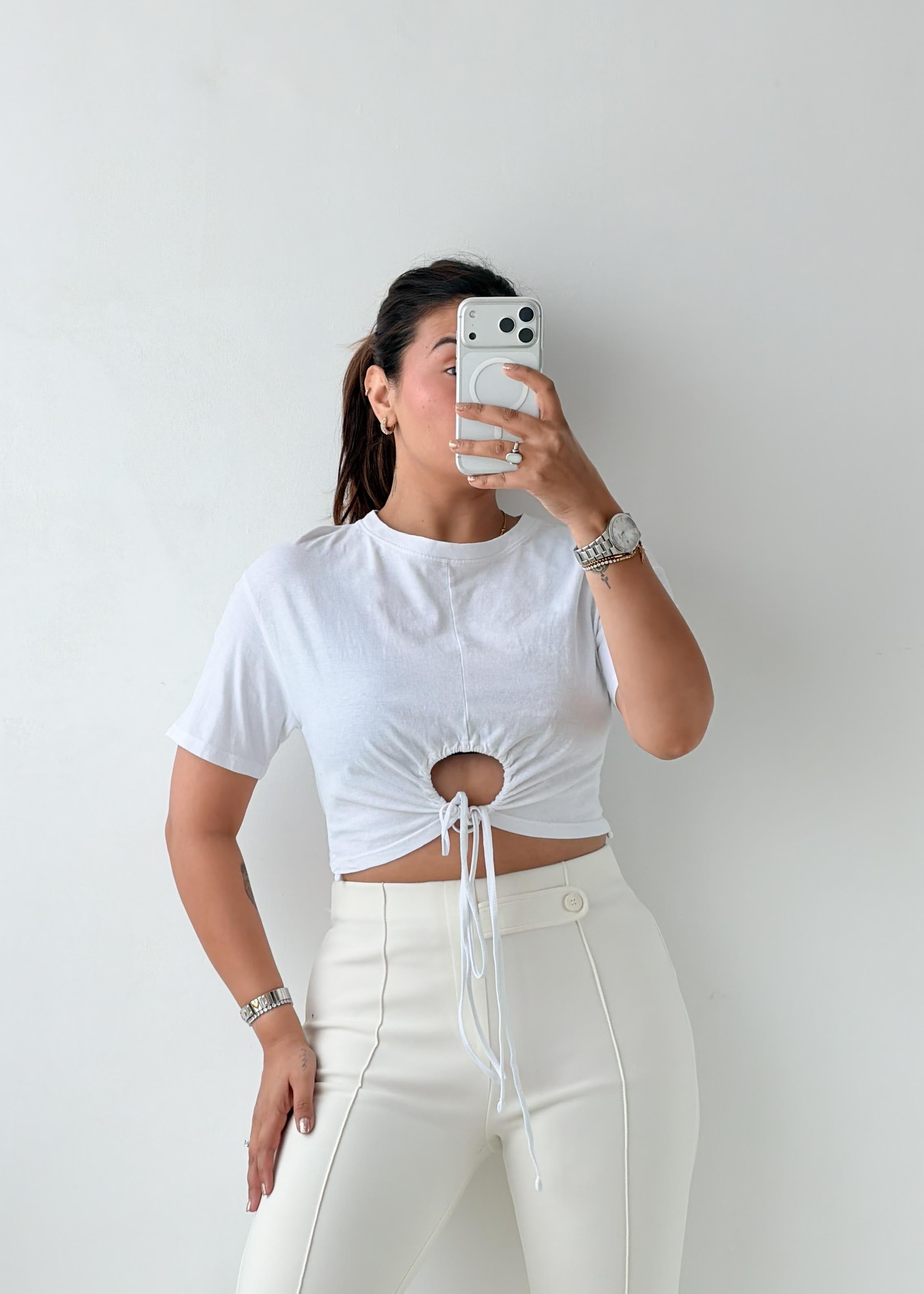 Size XS-S White Cutout Drawstring Top