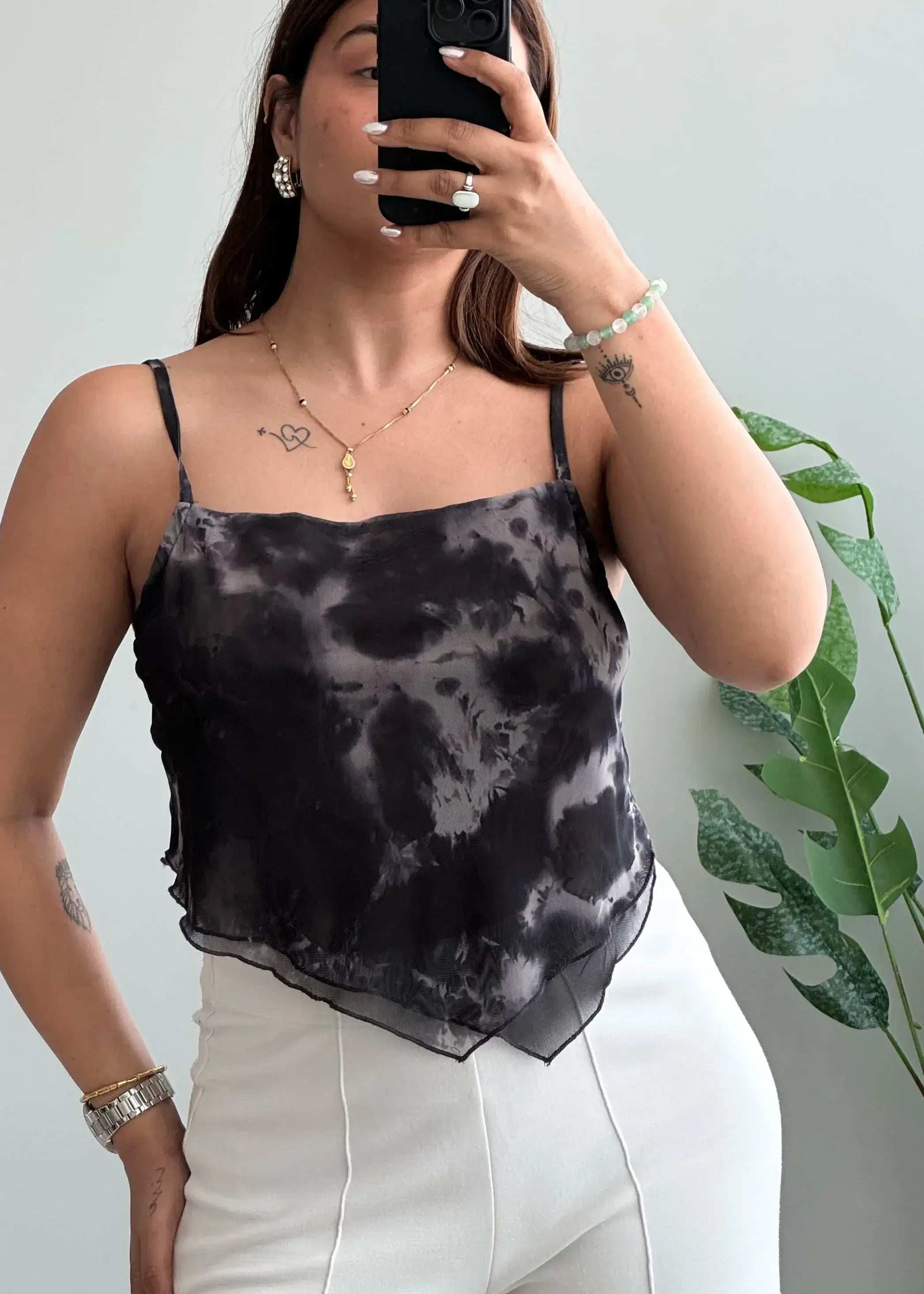 Size M-L, Black Tie Dye Asymmetrical Cami Top for Women - Closet by Payal