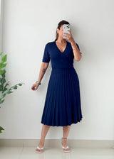 Size M-L Navy Pleated Wrap Knit Midi Dress