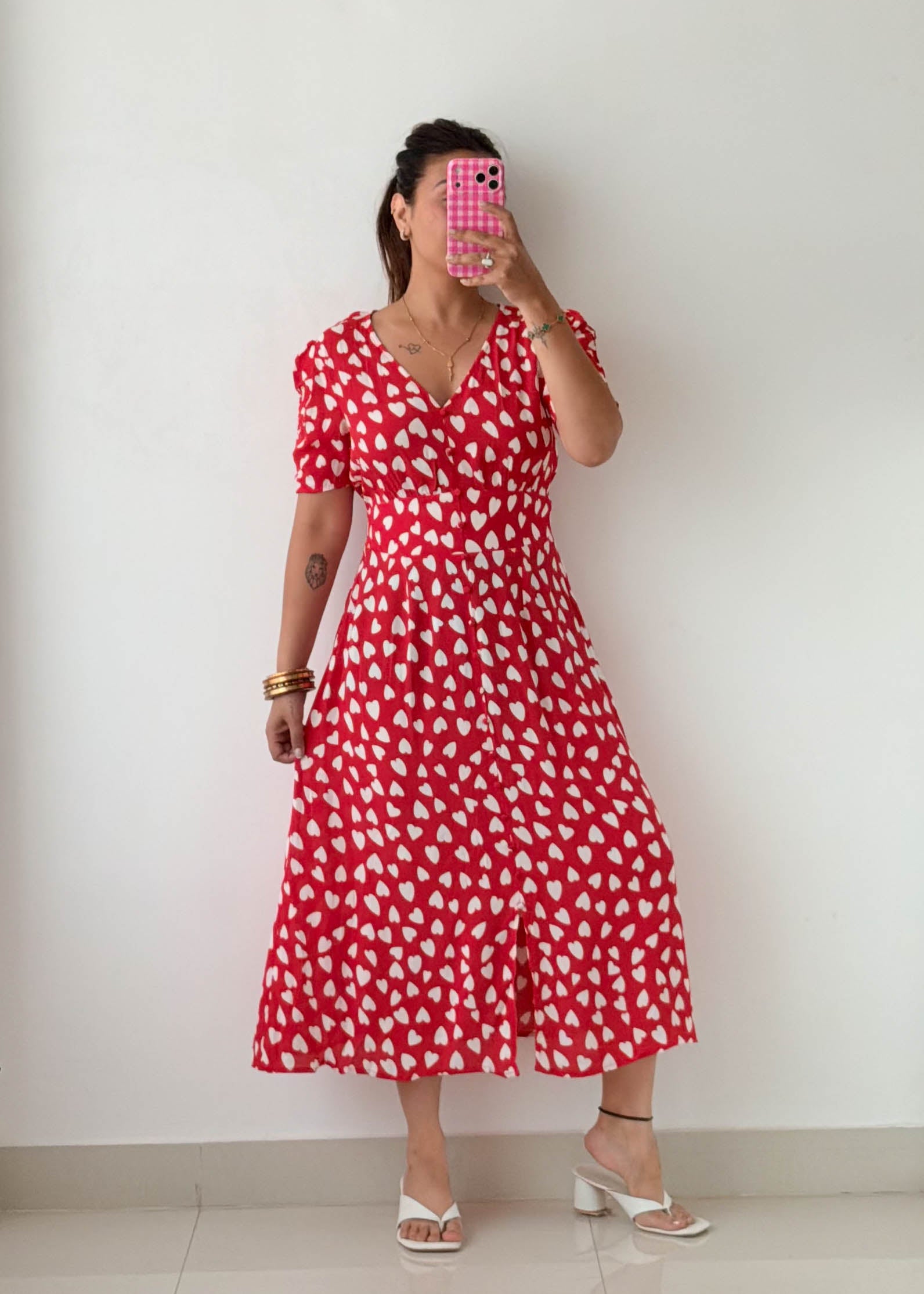 Size M-L Red Heart Print Midi Dress