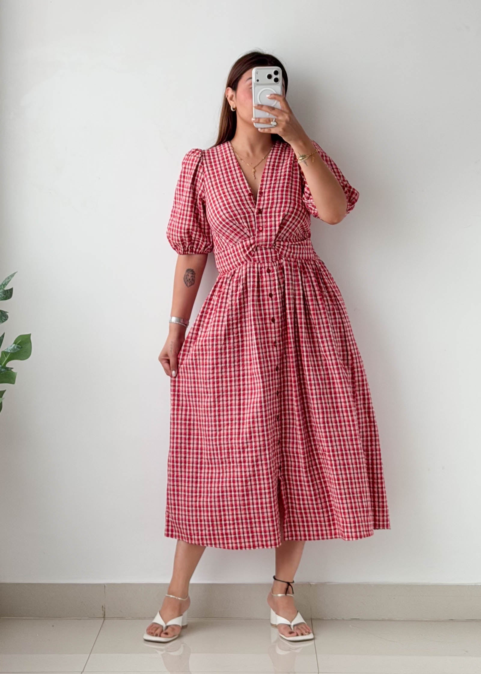 Size S-M Red Gingham Check Midi Dress