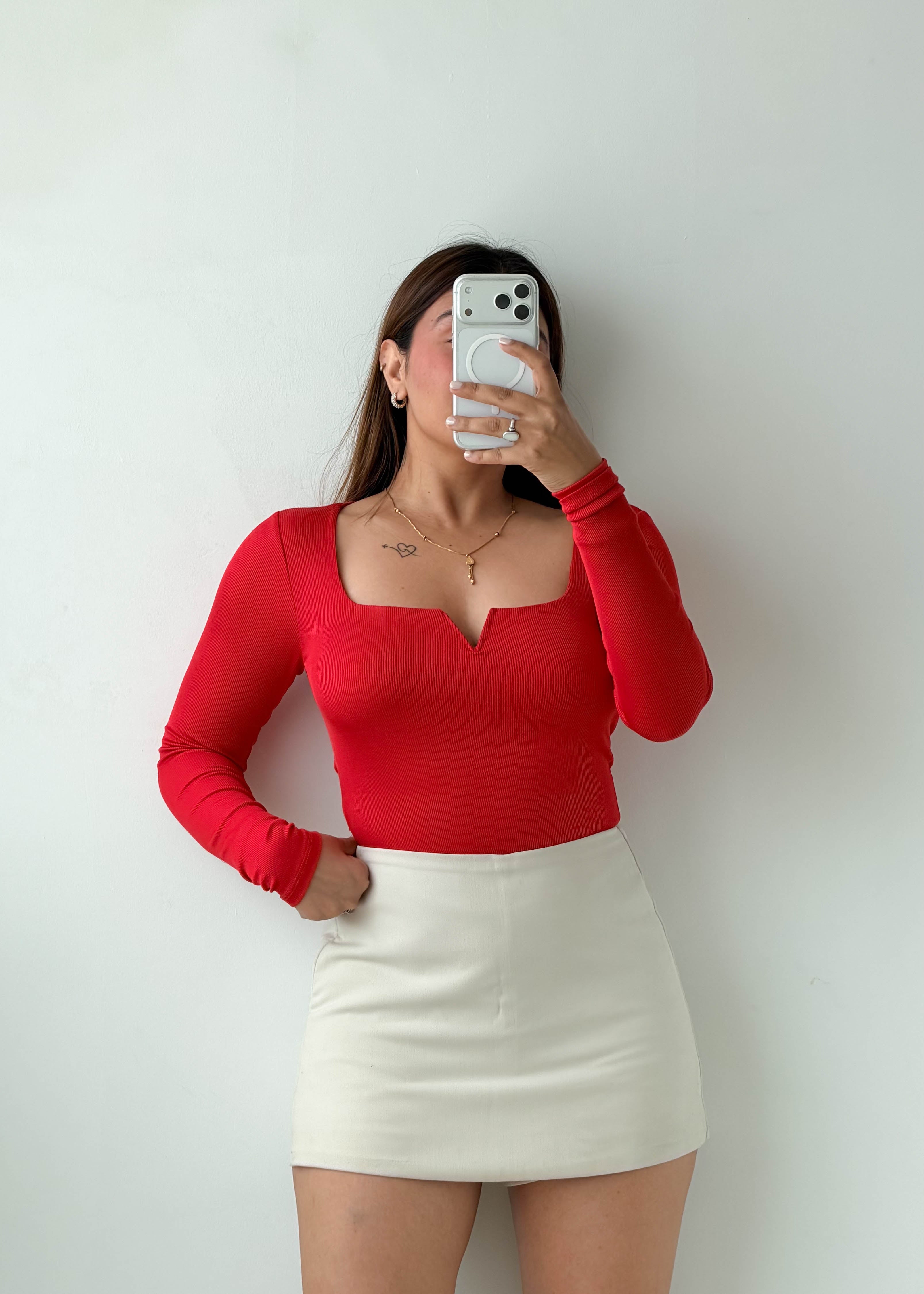 Size XS-S Red Notch Neck Bodysuit