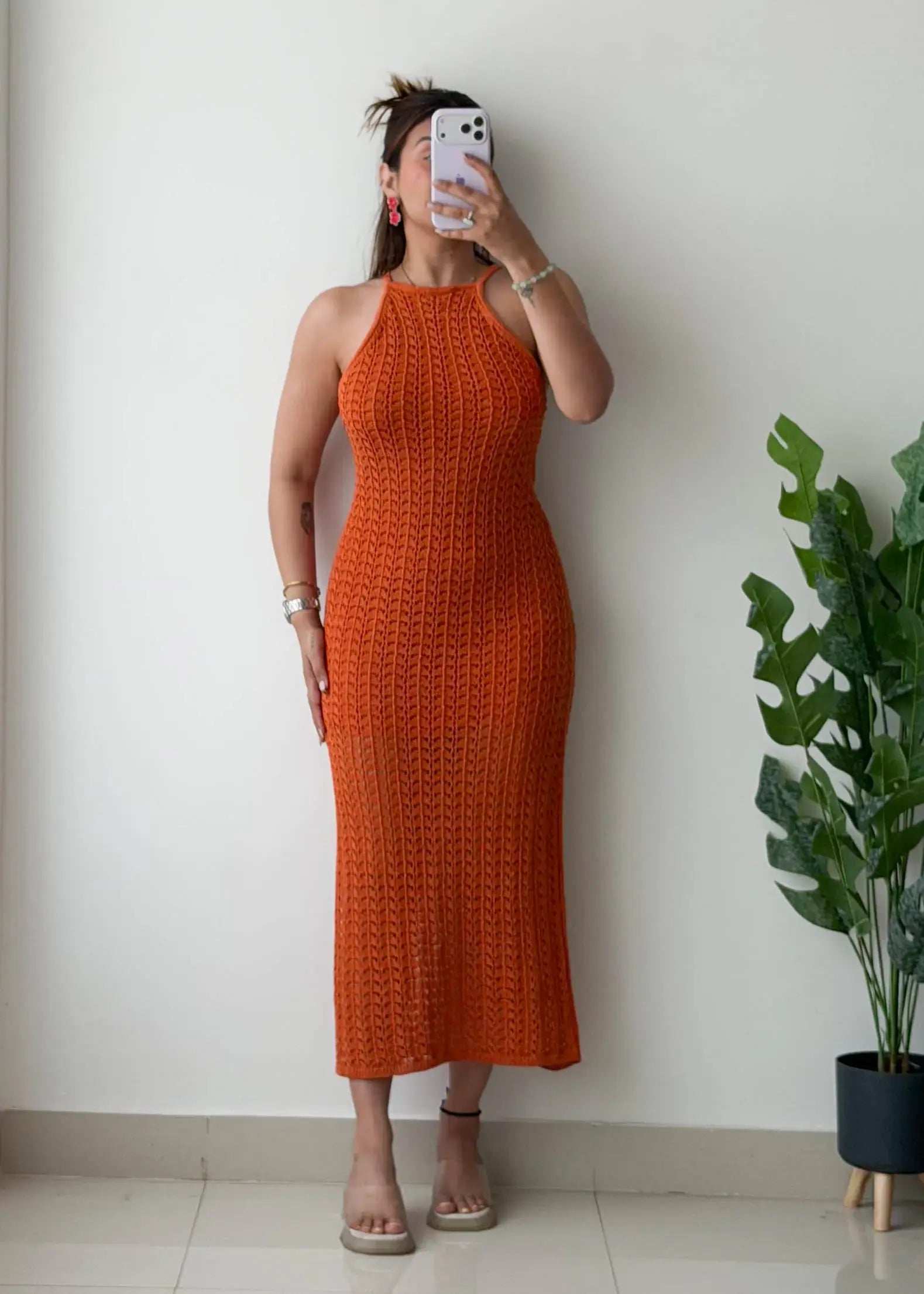 Size L-XL, Orange Crochet Maxi Dress