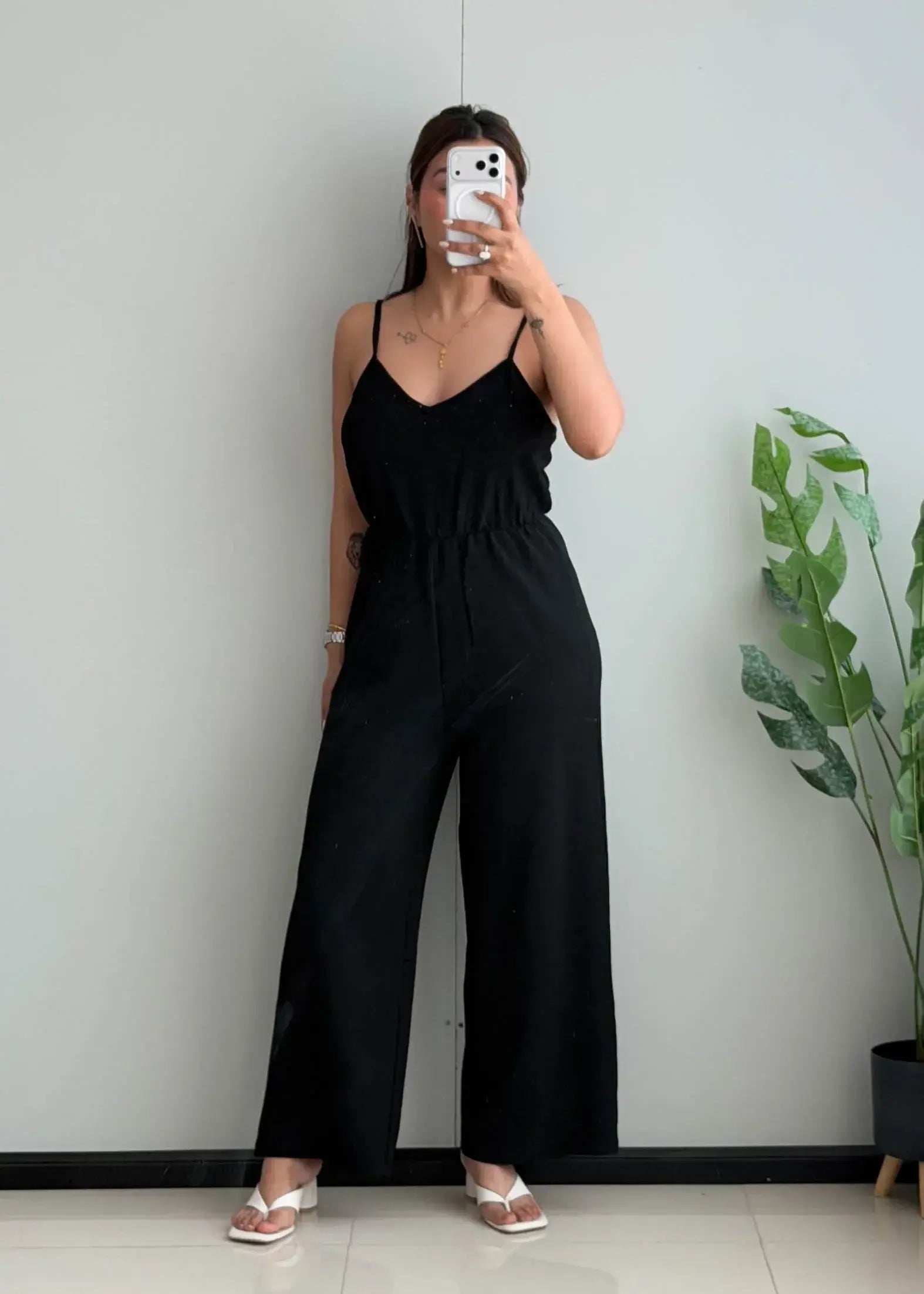 SIZE S-M, Black Spaghetti Strap Wide-Leg Jumpsuit. - Closet by Payal
