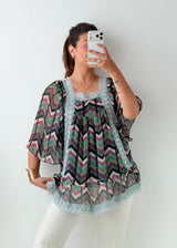 Size M-L Multicolor Chevron Lace Trim Top