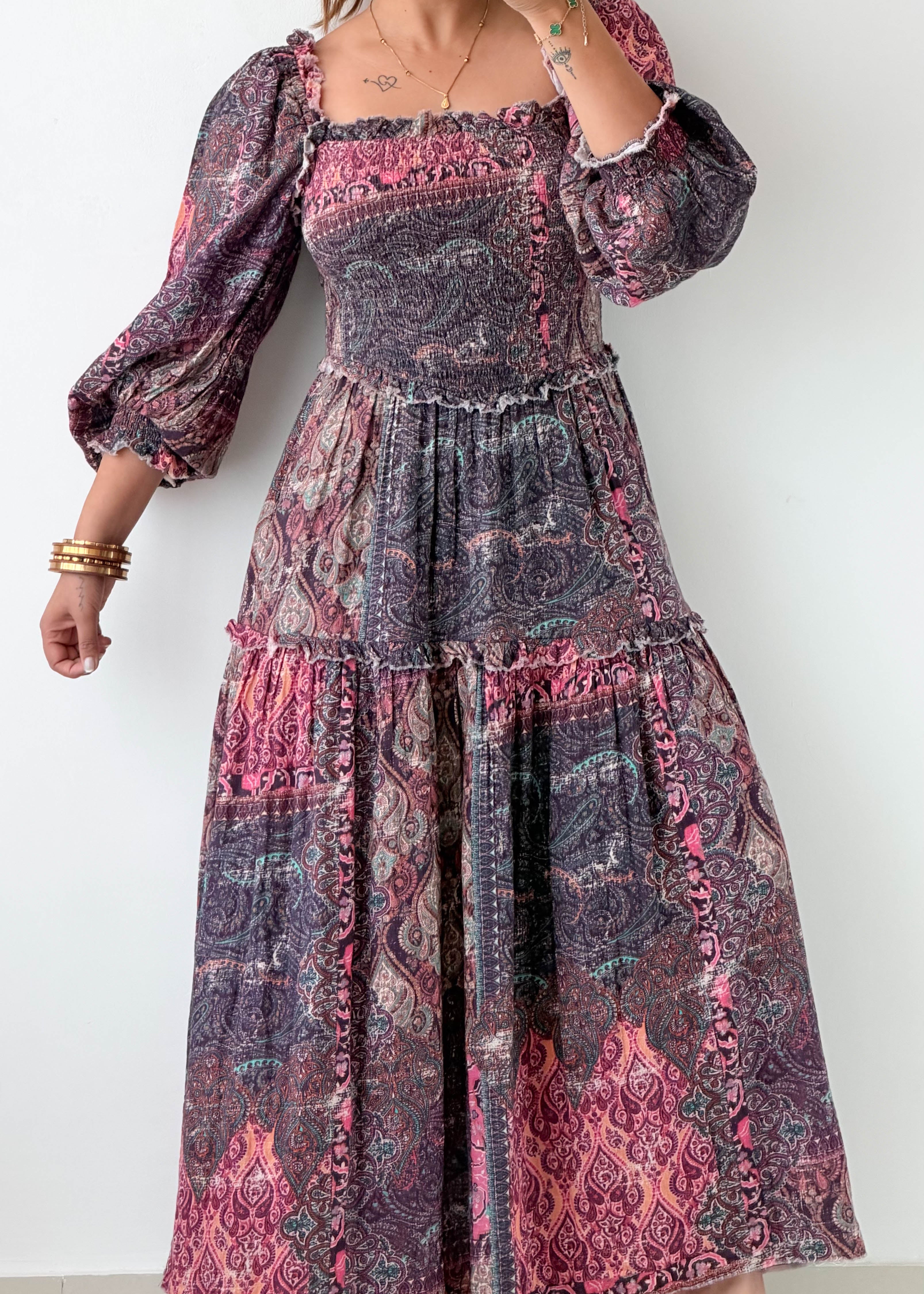 Size M-L Pink Paisley Smocked Maxi Dress