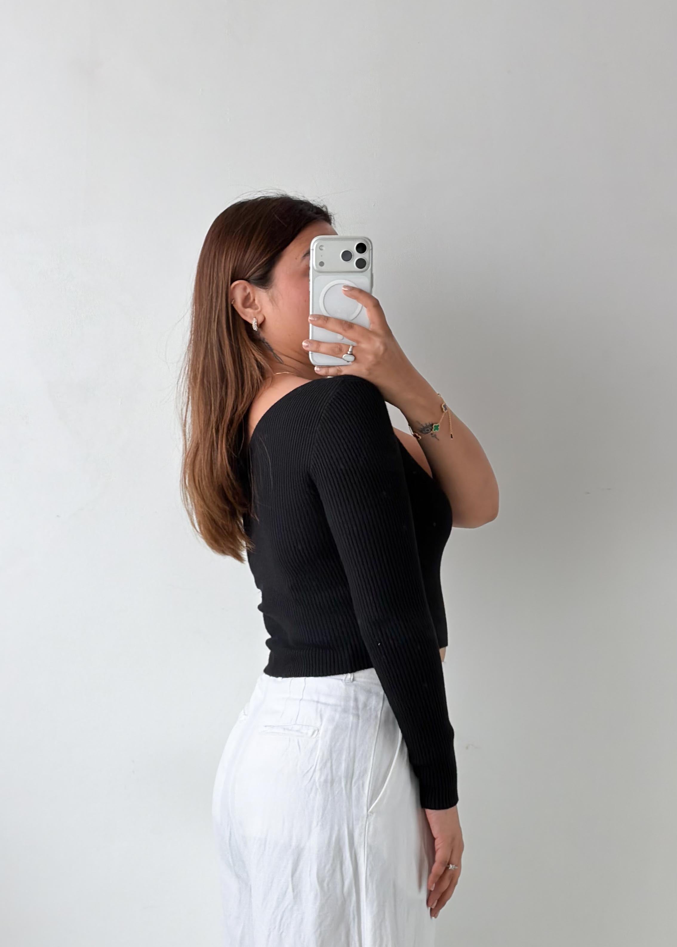 Size M-L Black One Shoulder Ribbed Top