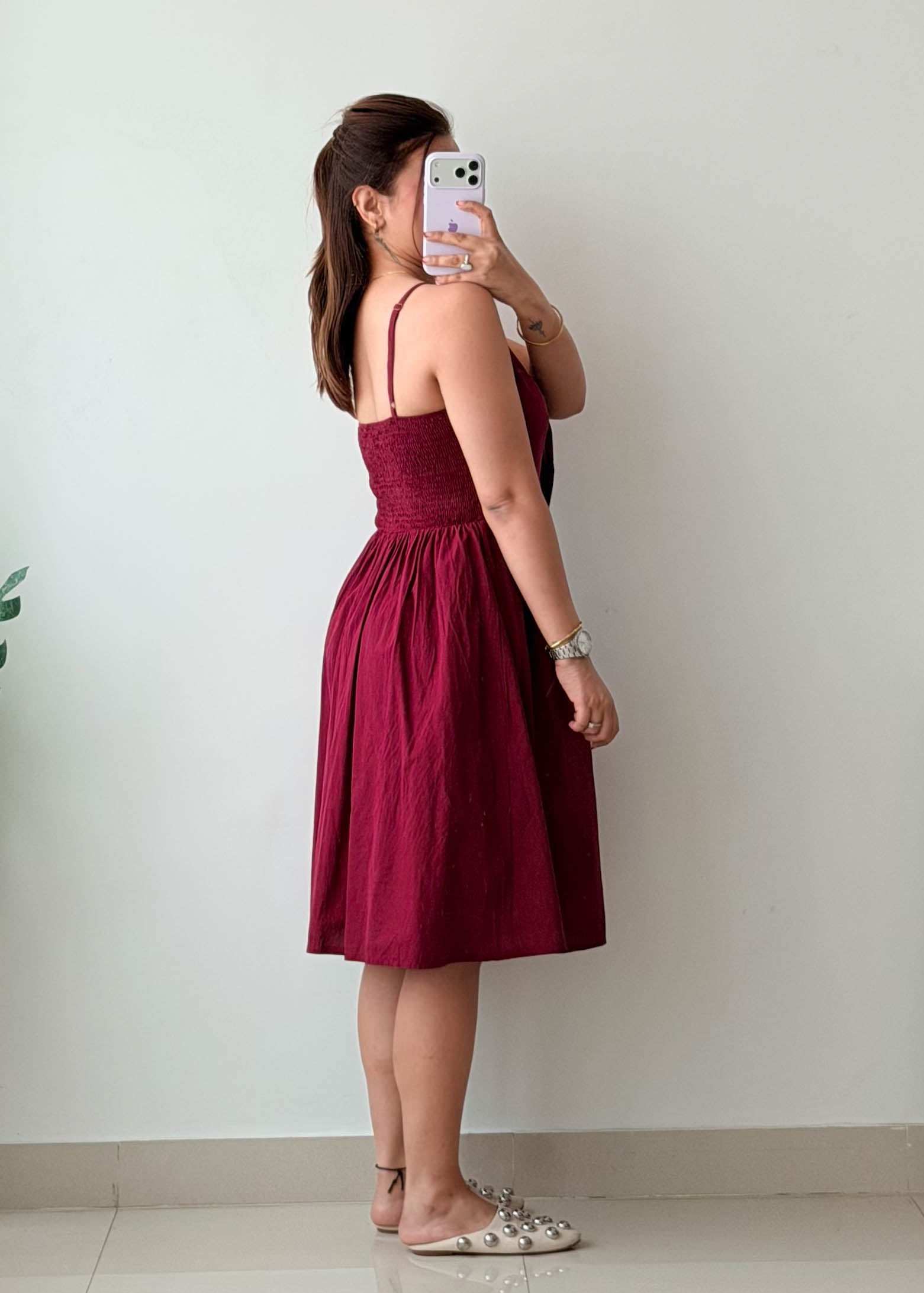 Size M-L Wine Cotton Cut-Out Midi Dress