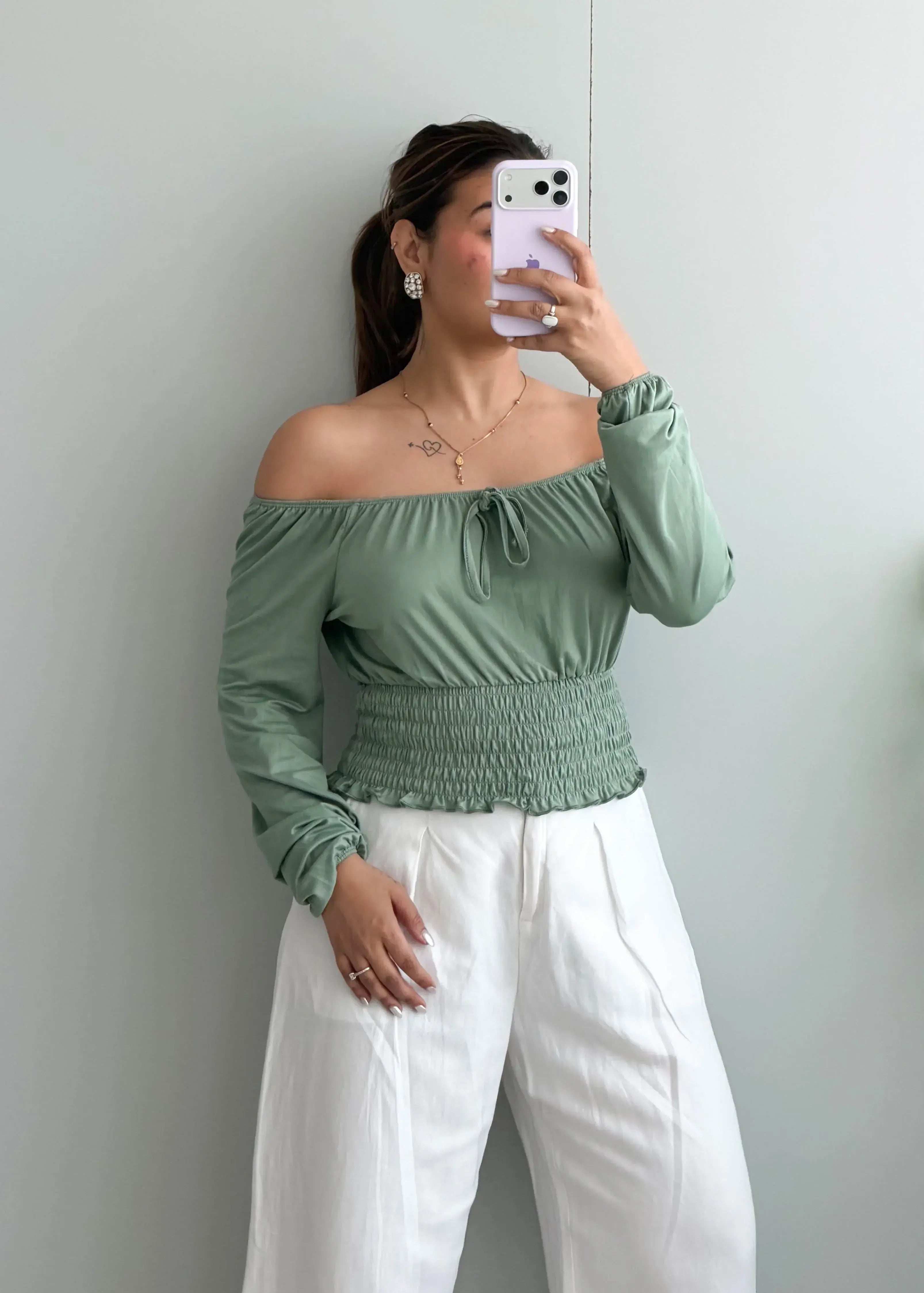 Size S-M, Sage Green Off-Shoulder Smocked Top - Closet by Payal