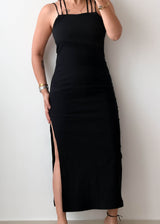 Size S-M Black Strappy Side-Slit Bodycon Maxi Dress