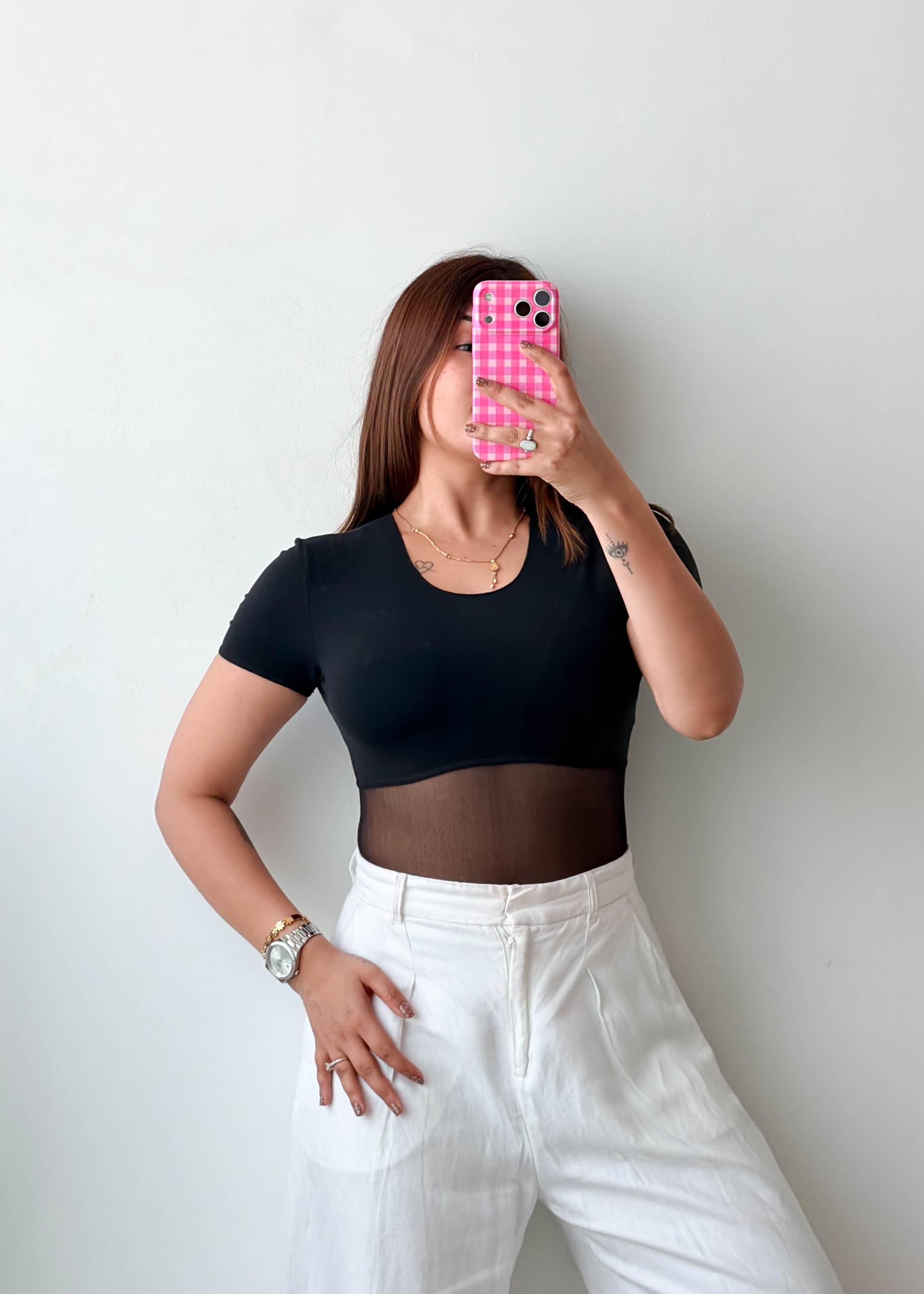 Size XS-S Black Mesh Waist Bodysuit