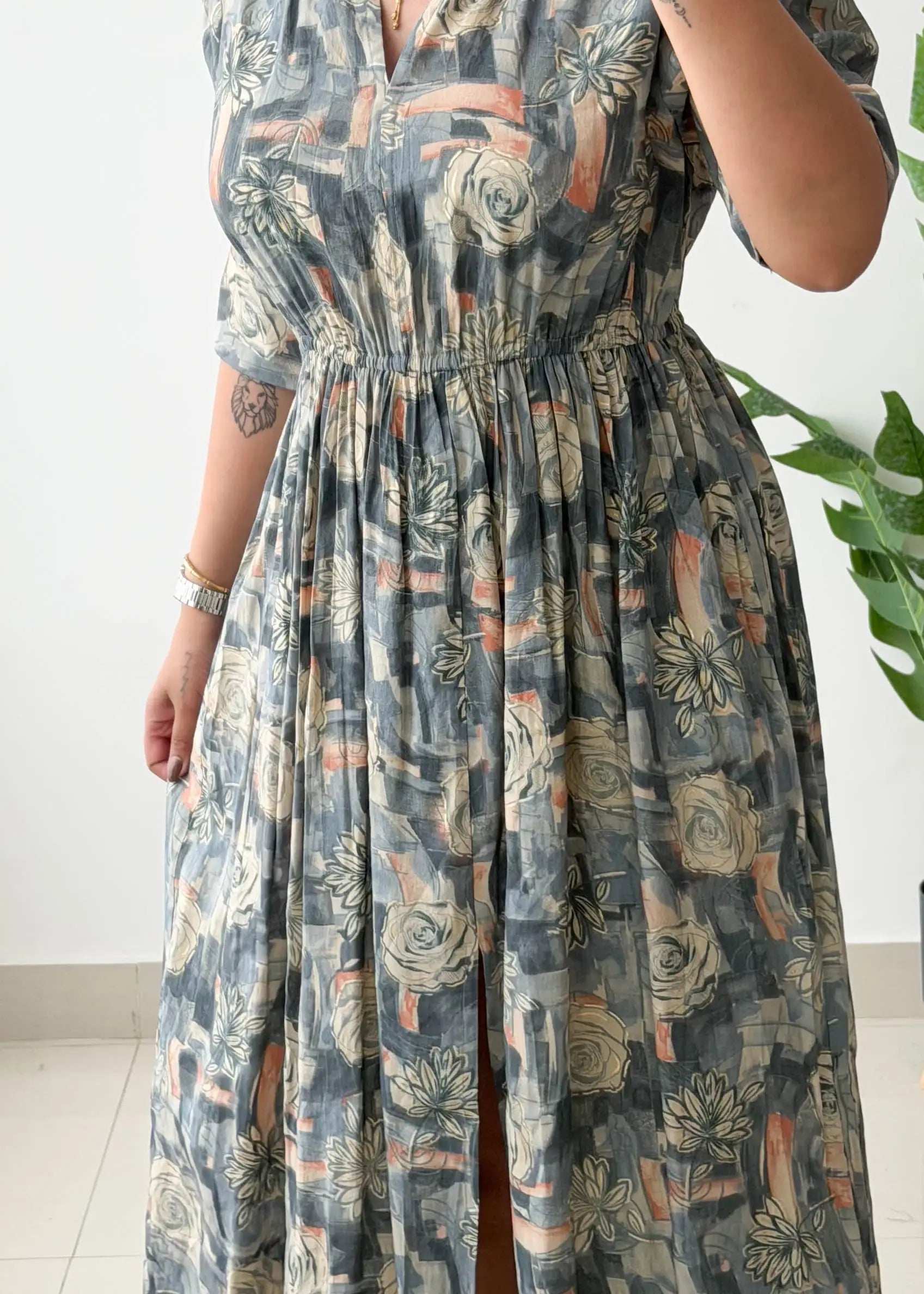 Size M-L, Grey Vintage Print Maxi Dress