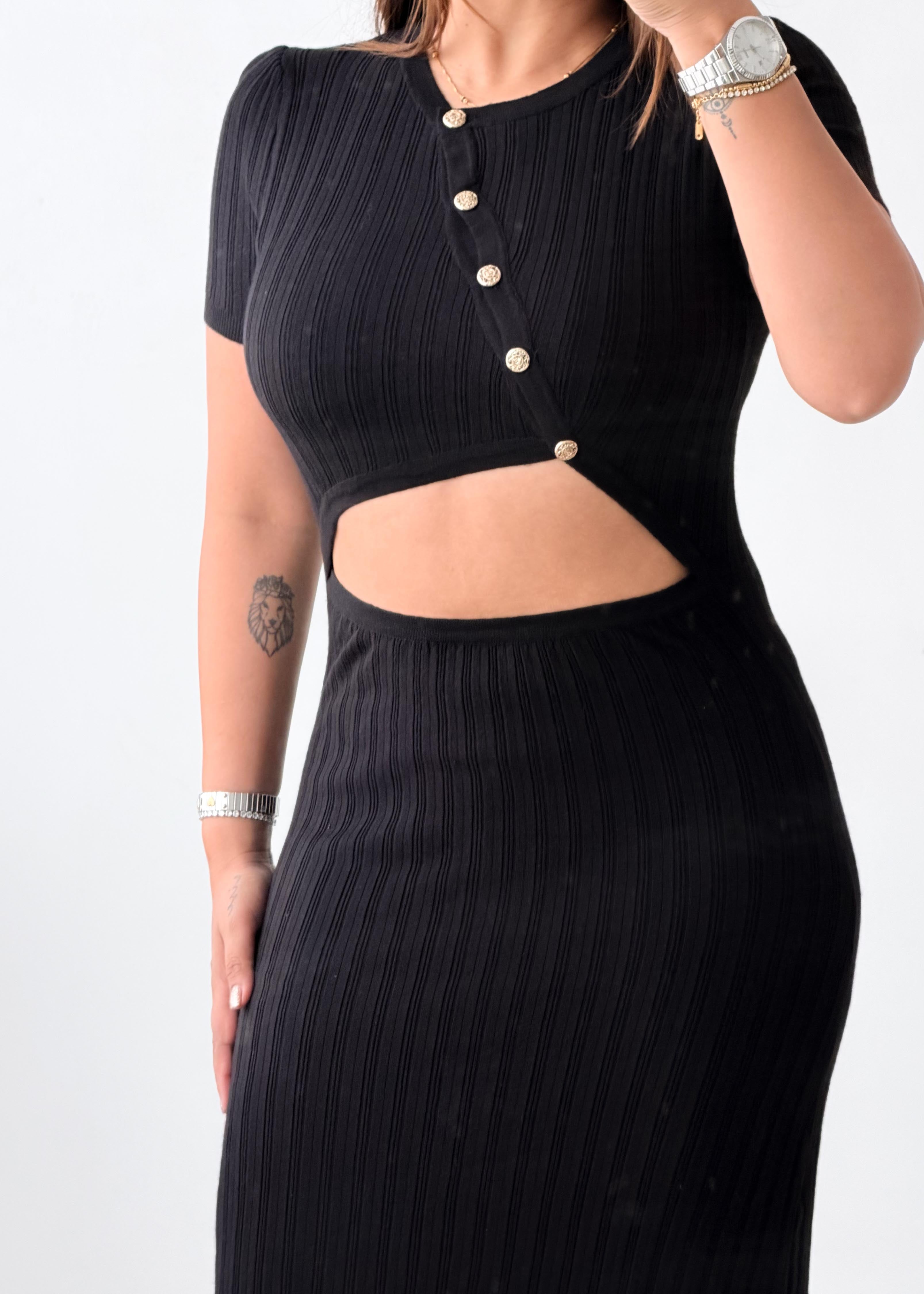 Size S-M Black Cut-Out Ribbed Knit Midi Dress