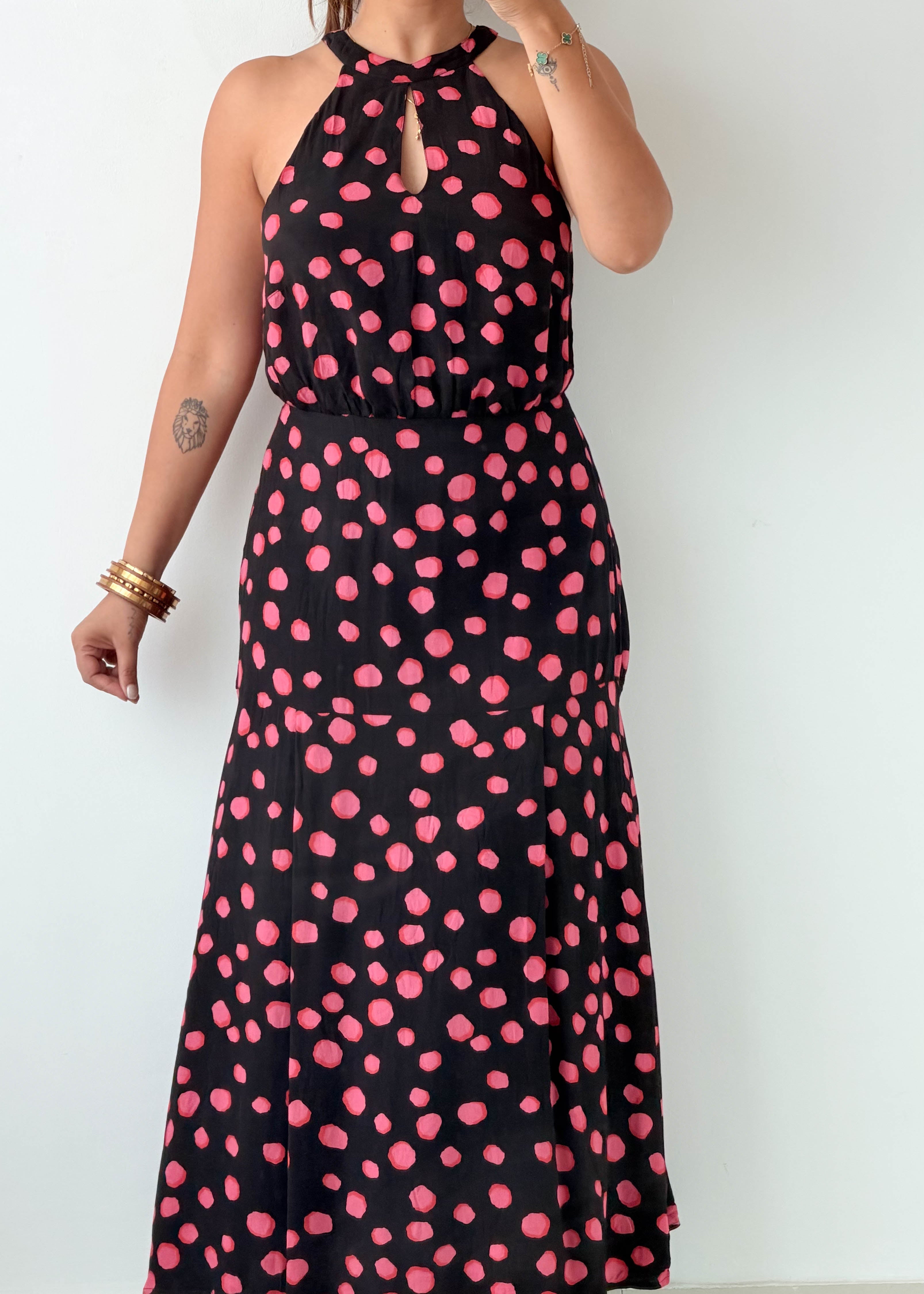 Size S Black & Pink Polka Dot Halter Maxi Dress