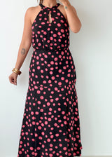 Size S Black & Pink Polka Dot Halter Maxi Dress