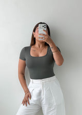 Size S-M Olive Ribbed Square Neck Bodysuit