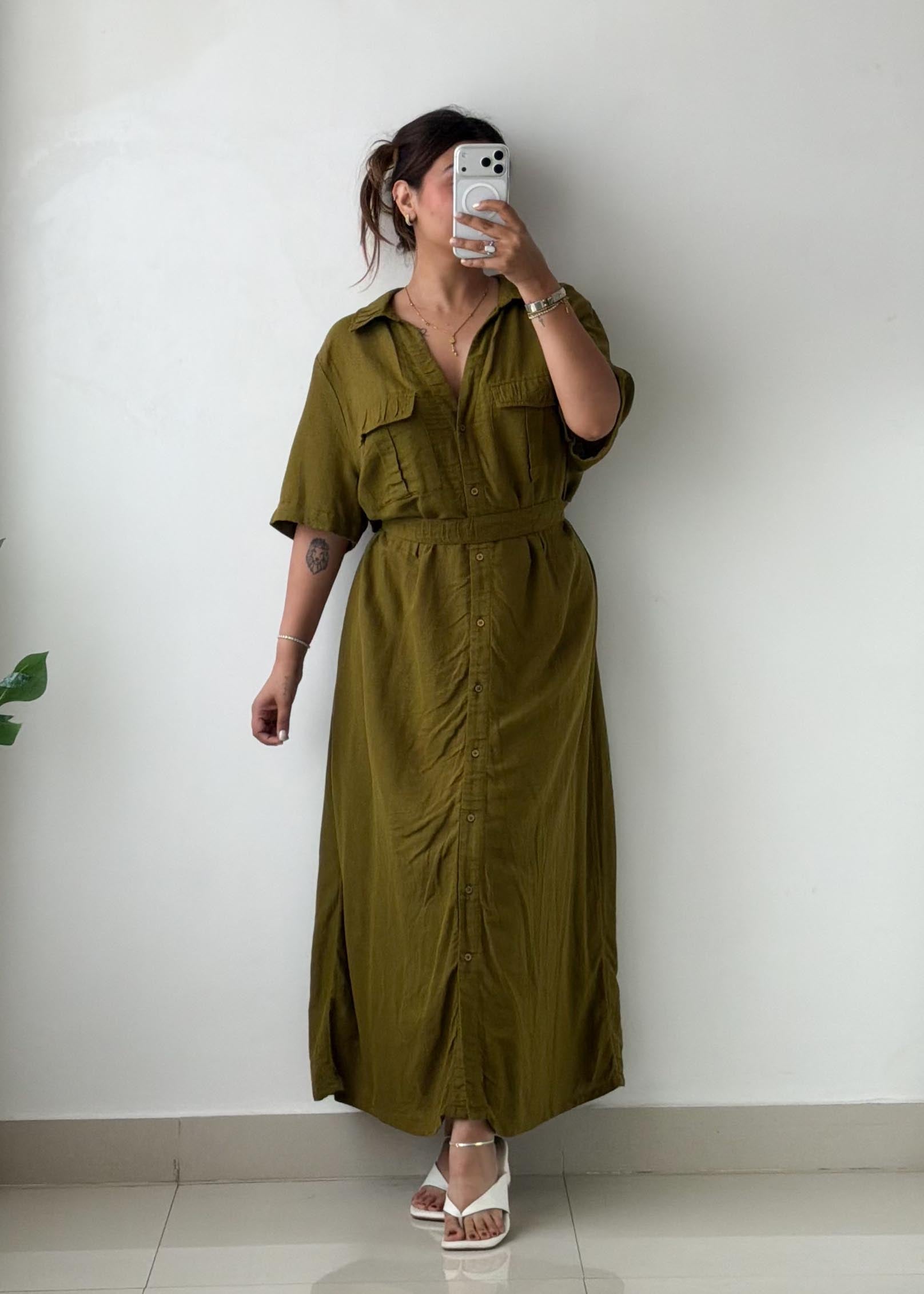 Size L-XL Olive Green Shirt Maxi Dress