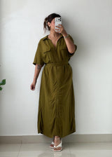 Size L-XL Olive Green Shirt Maxi Dress