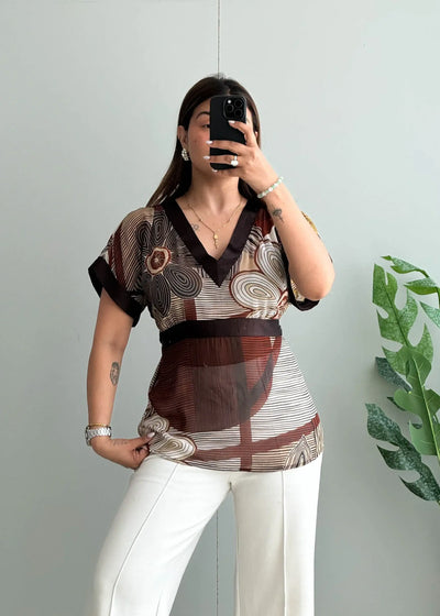 Size M-L, Vintage Brown Geometric Print Sheer Blouse - Closet by Payal