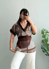 Size M-L, Vintage Brown Geometric Print Sheer Blouse - Closet by Payal