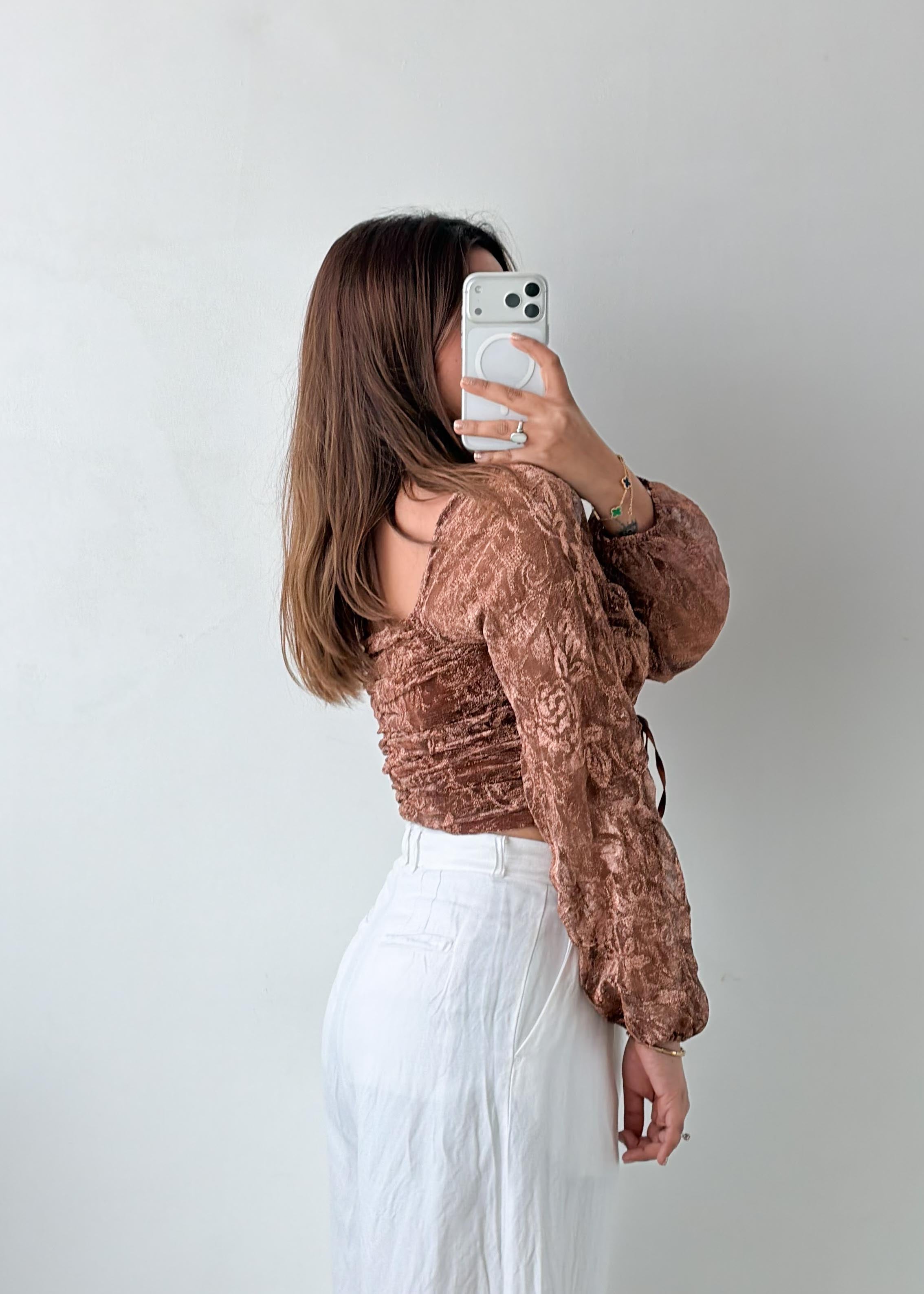 Size S-M Brown Velvet Ruched Tie Front Top