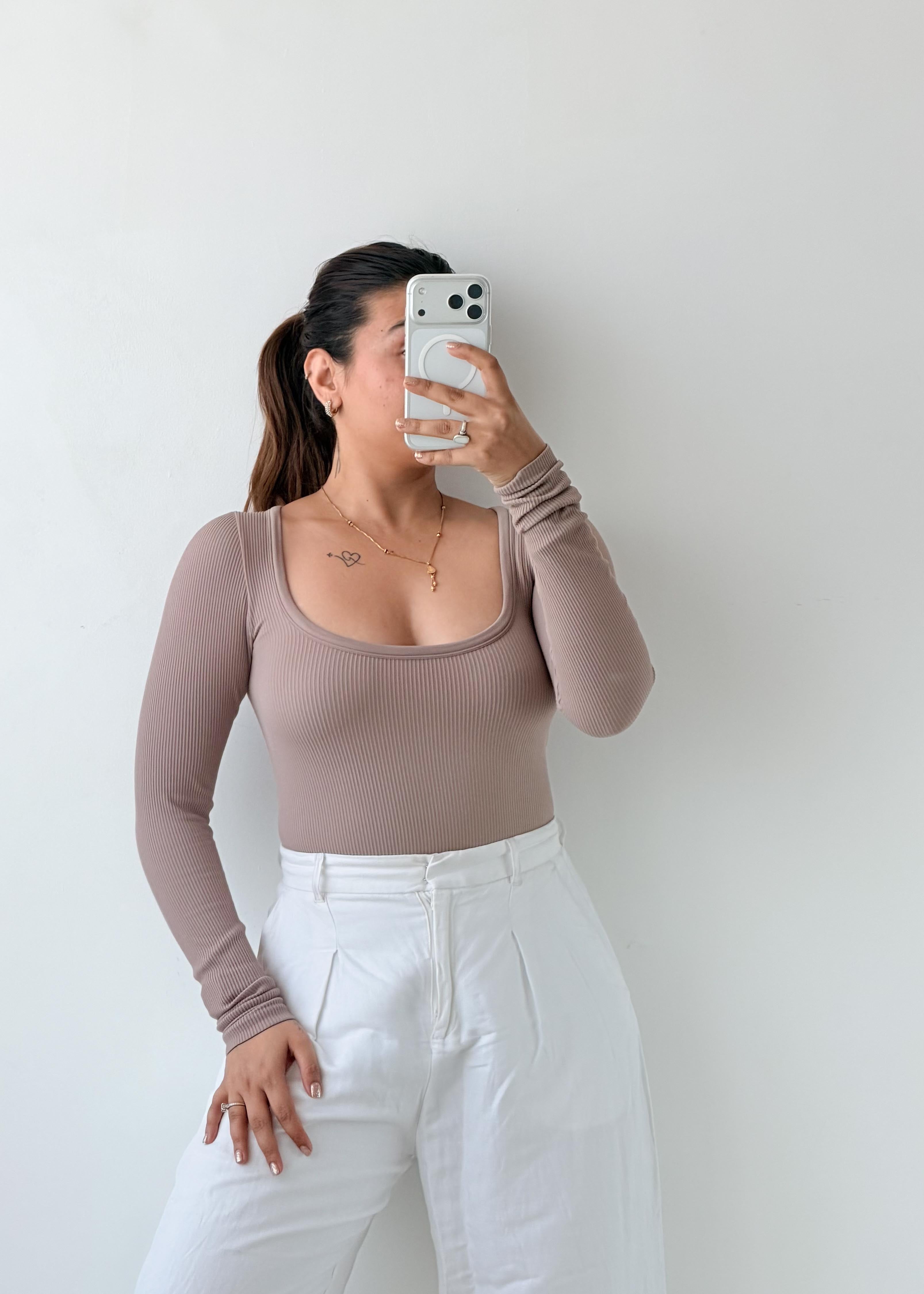 Size XS-S Taupe Ribbed Square Neck Bodysuit