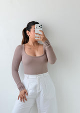 Size XS-S Taupe Ribbed Square Neck Bodysuit