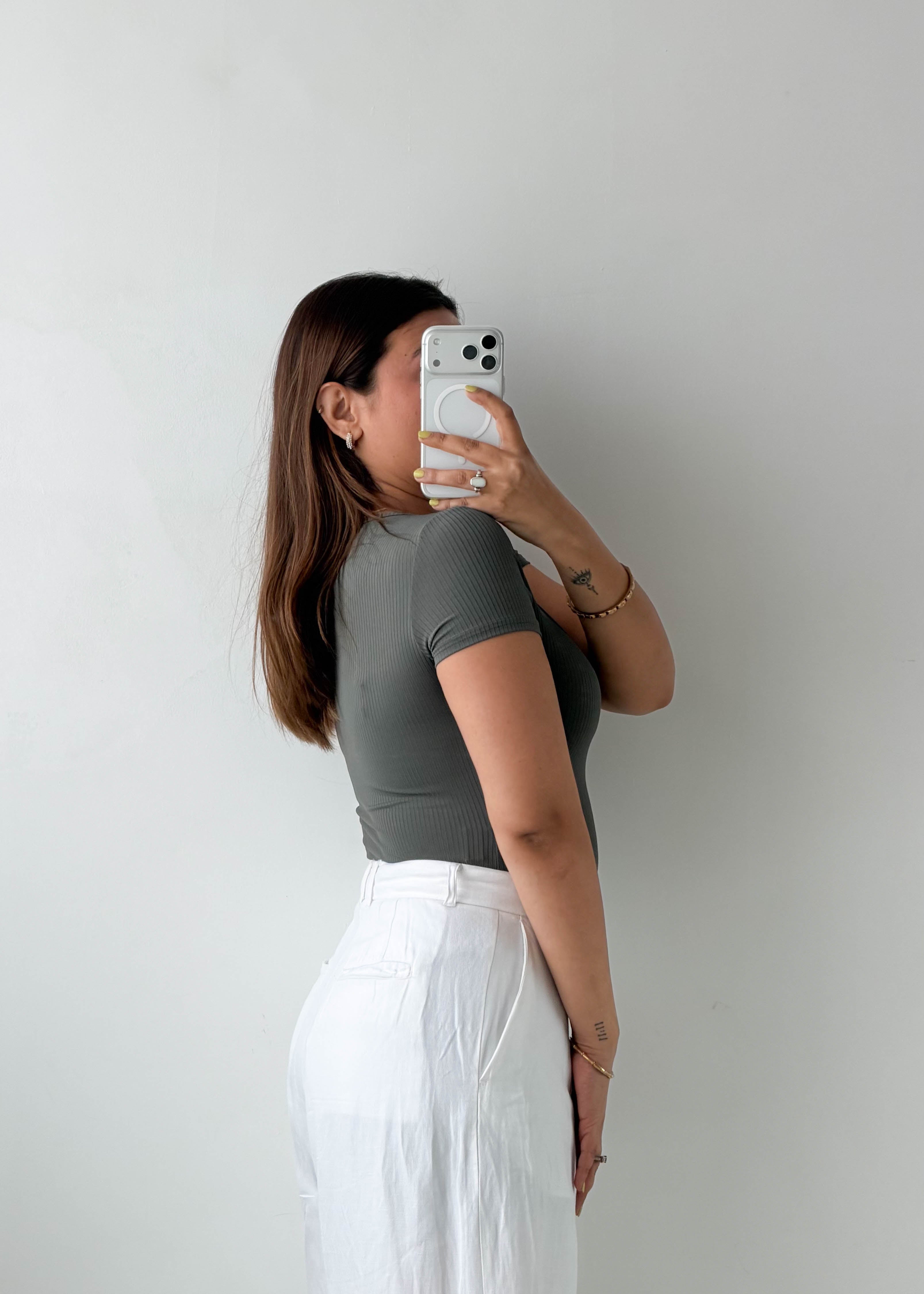 Size S-M Olive Ribbed Square Neck Bodysuit