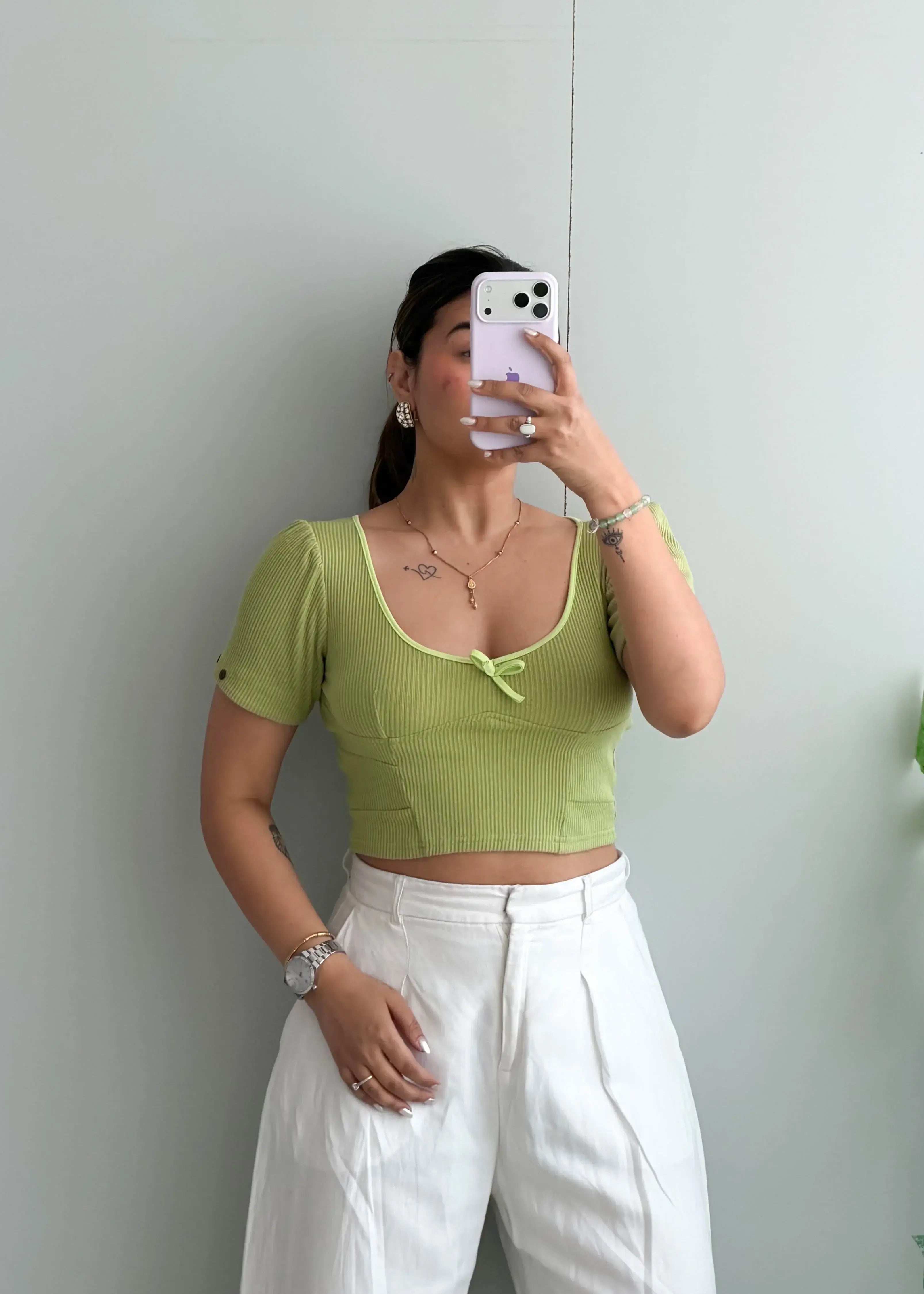 Size XS-S, Light Green Scoop Neck Ribbed Crop Top - Closet by Payal