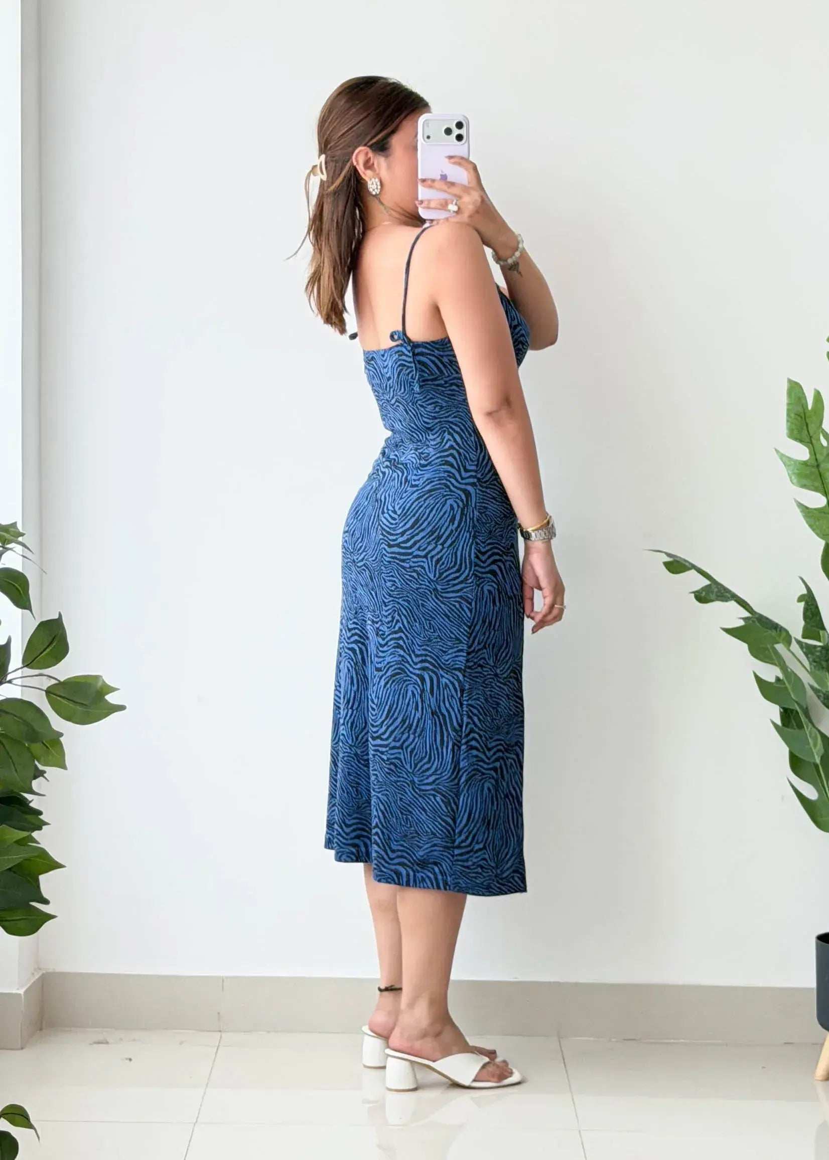 Size S-M, Blue Printed Side Slit Midi Dress - Closet by Payal
