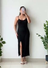 Size M-L, Black Spaghetti Strap Ribbed Midi Dress - Closet by Payal