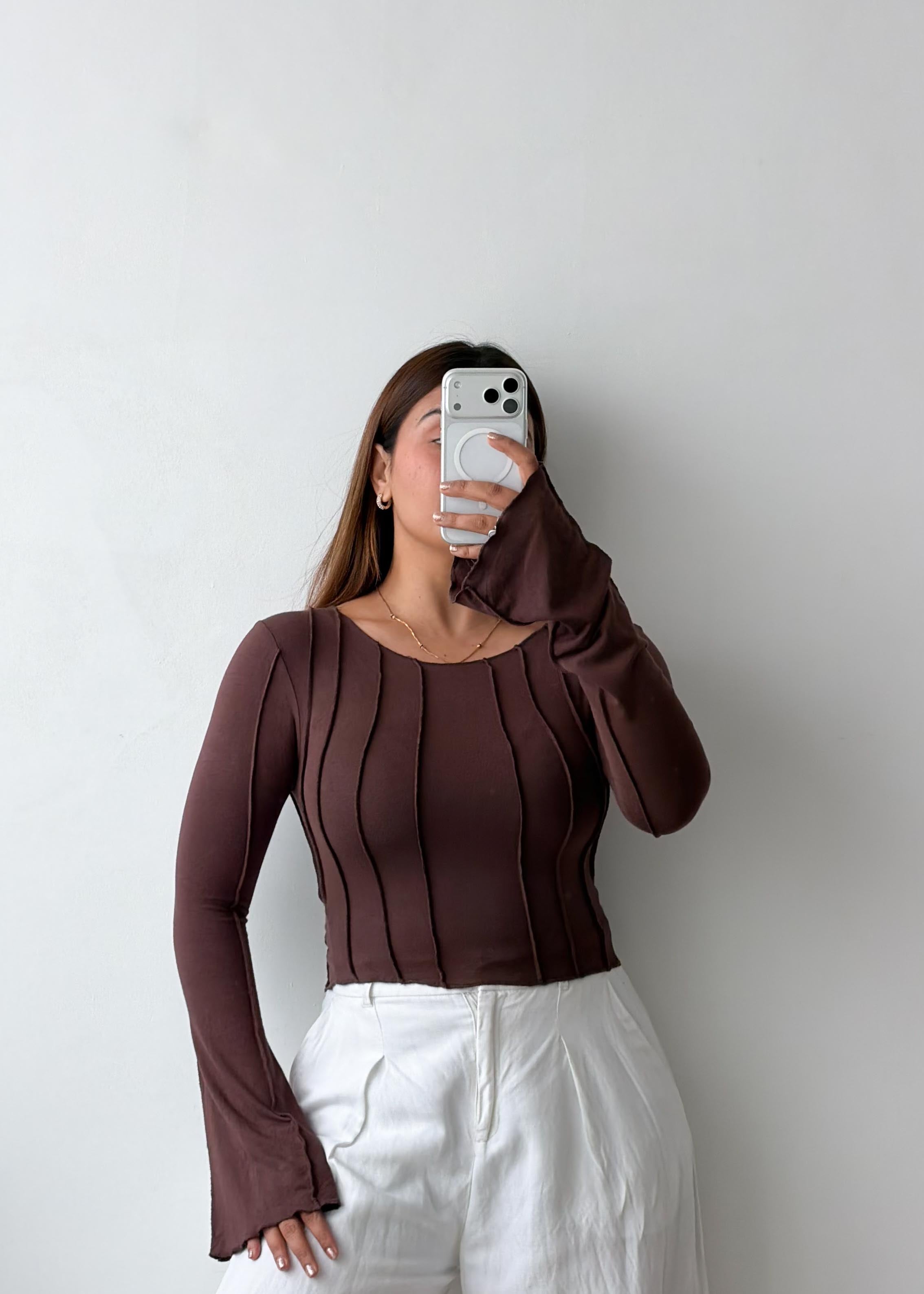 Size S-M Brown Ribbed Long Sleeve Top