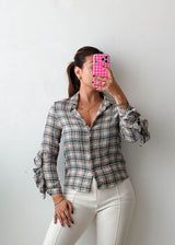 Size XS Blue Grey Check Ruffle Sleeve Shirt Top