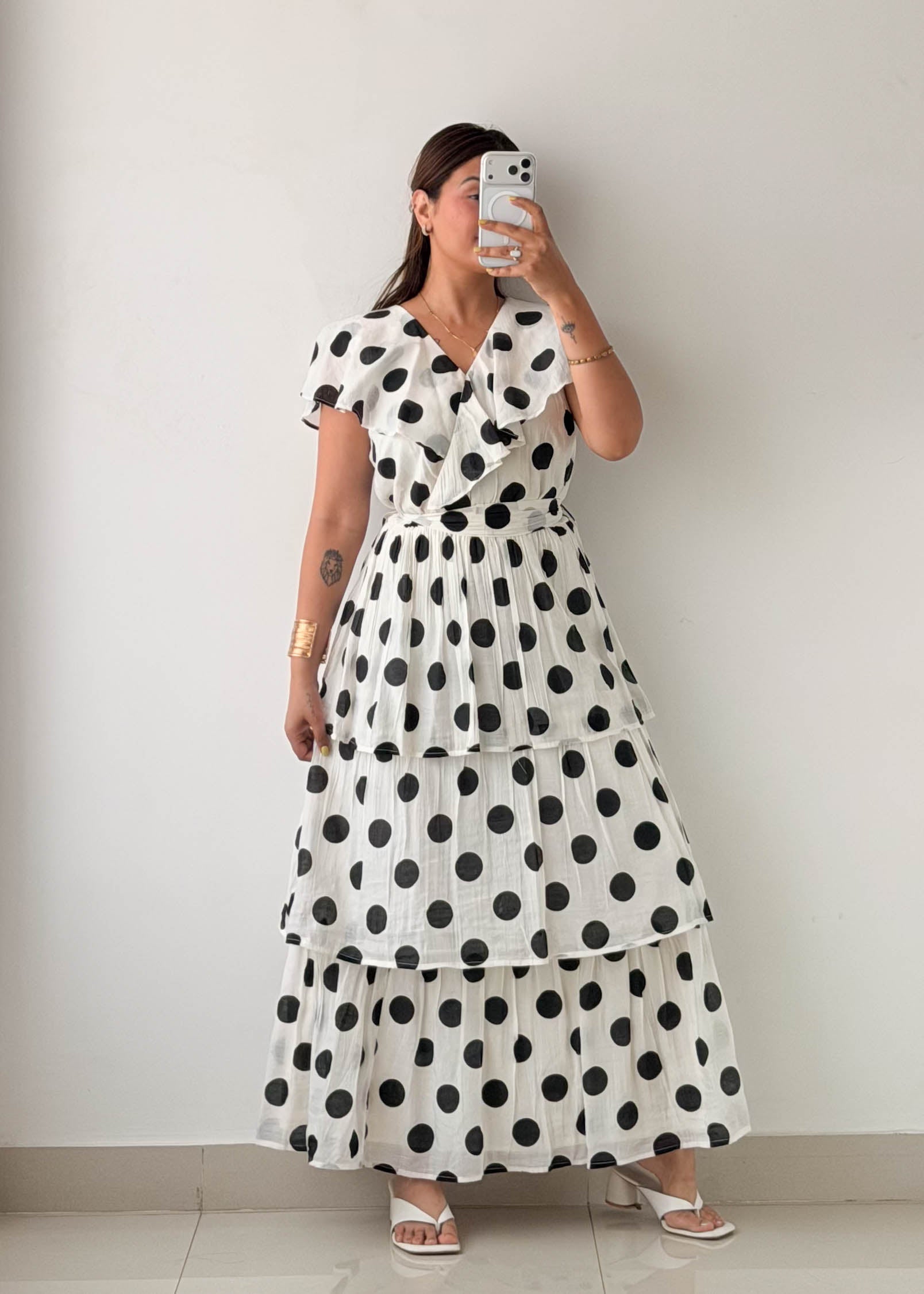 Size M-L White Polka Dot Tiered Maxi Dress