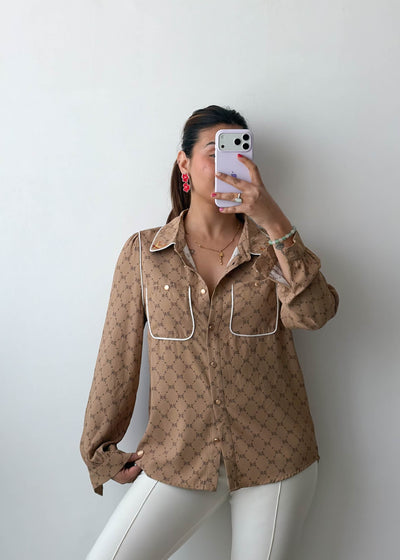 XS-S Brown Monogram Sheer Viscose Crepe Shirt