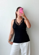 Size XS-S Black Lace Trim Ribbed Top